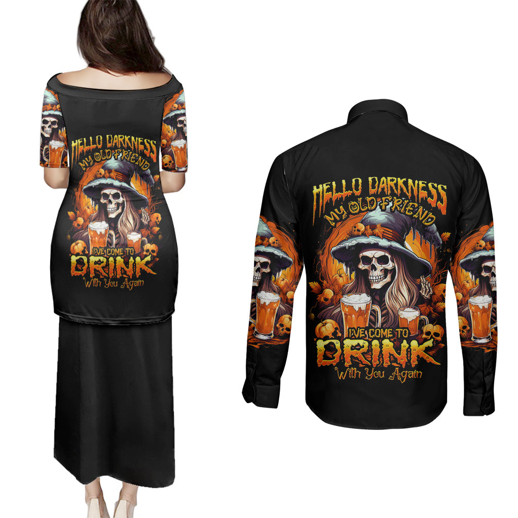 witch-skull-couples-matching-puletasi-dress-and-long-sleeve-button-shirts-hello-darkness-my-old-friend-i-come-to-drink-with-you