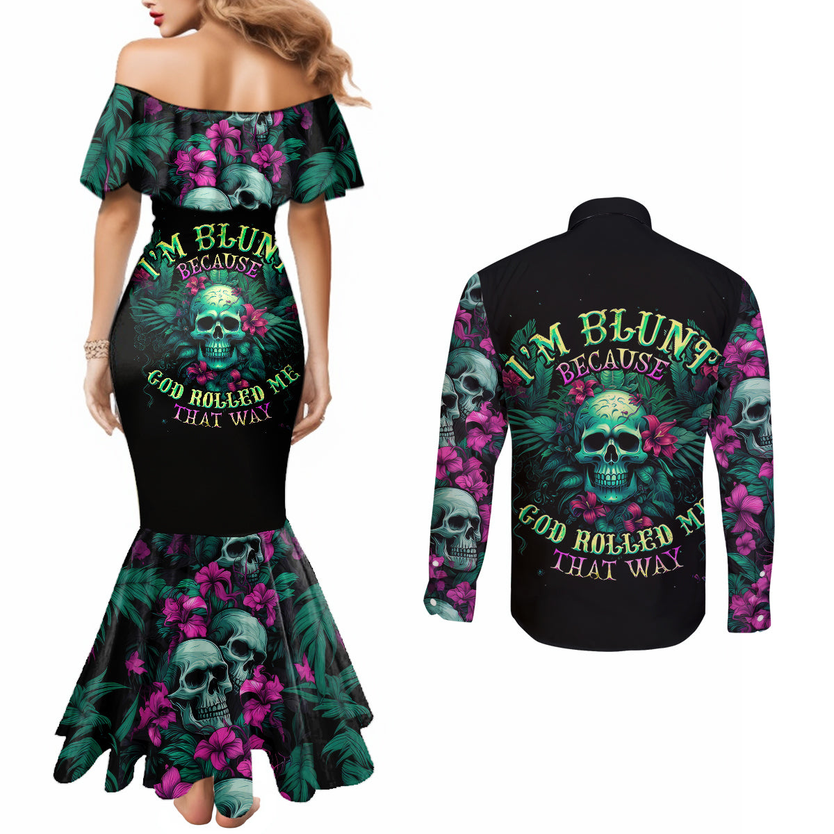 tropical-skull-couples-matching-mermaid-dress-and-long-sleeve-button-shirts-im-blunt-because-god-rolled-me-that-way