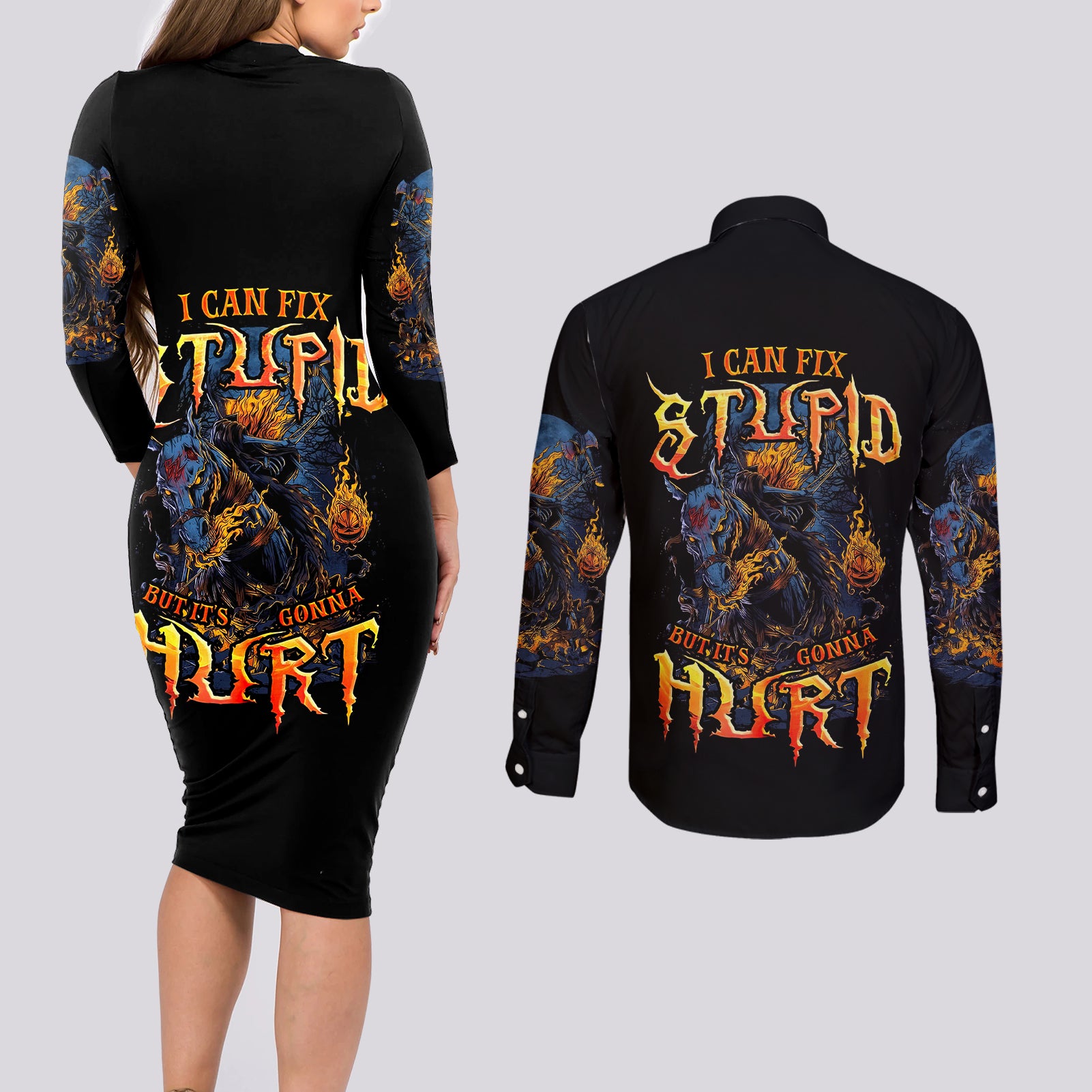 jack-o-lantern-skull-couples-matching-long-sleeve-bodycon-dress-and-long-sleeve-button-shirts-i-can-fix-stupid-but-its-gonna-hurt