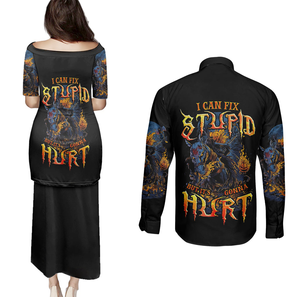 jack-o-lantern-skull-couples-matching-puletasi-dress-and-long-sleeve-button-shirts-i-can-fix-stupid-but-its-gonna-hurt