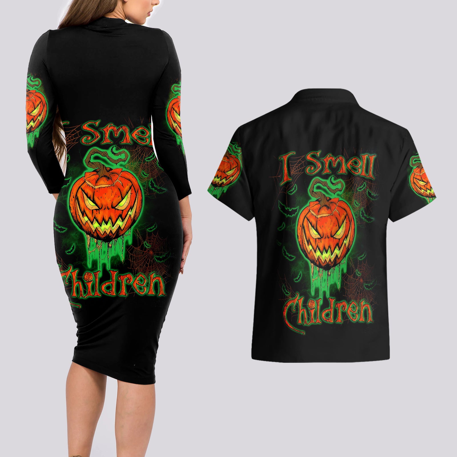 jack-o-lantern-skull-couples-matching-long-sleeve-bodycon-dress-and-hawaiian-shirt-i-smell-children