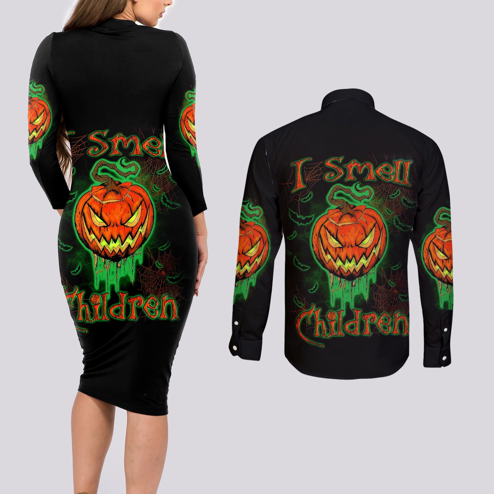 jack-o-lantern-skull-couples-matching-long-sleeve-bodycon-dress-and-long-sleeve-button-shirts-i-smell-children