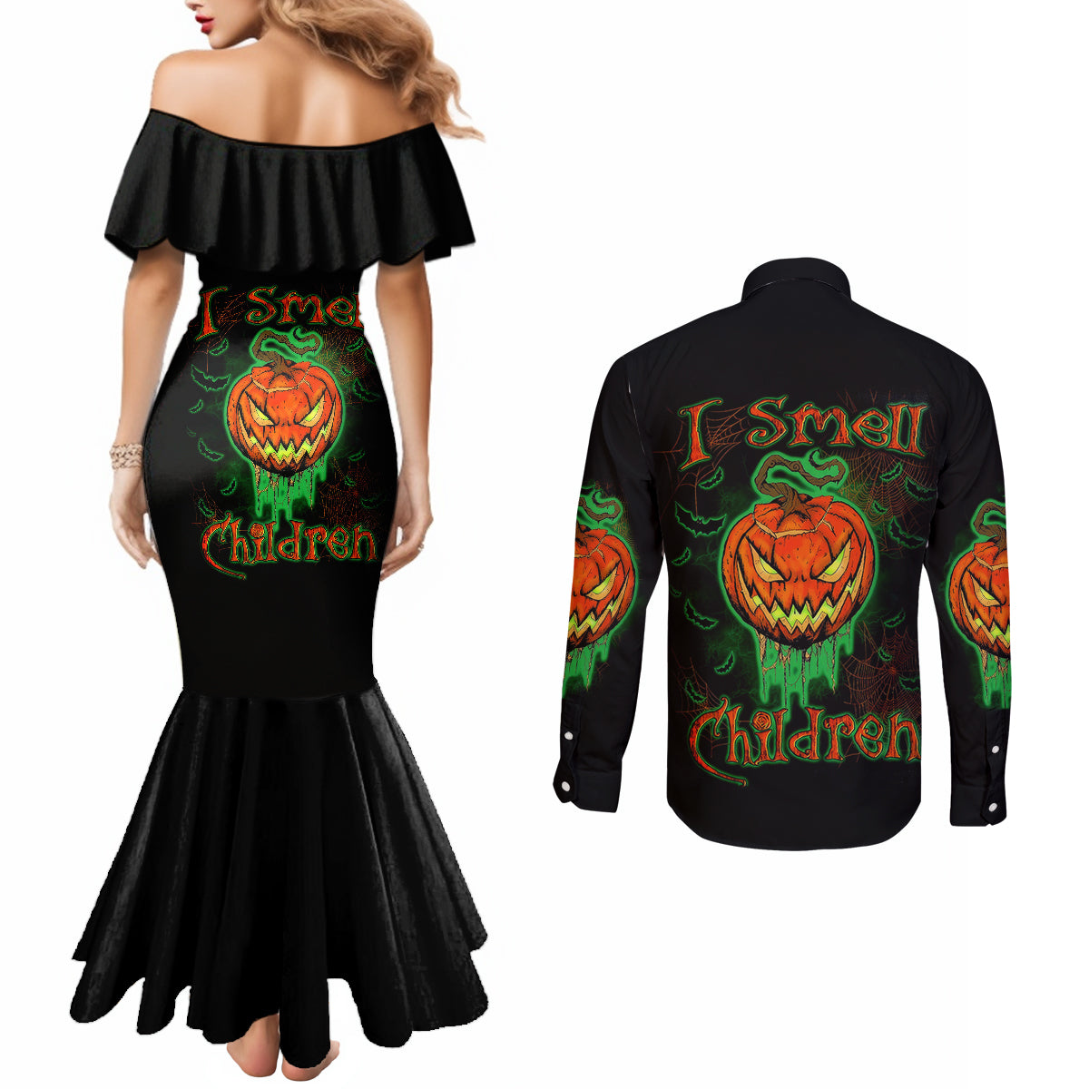 jack-o-lantern-skull-couples-matching-mermaid-dress-and-long-sleeve-button-shirts-i-smell-children