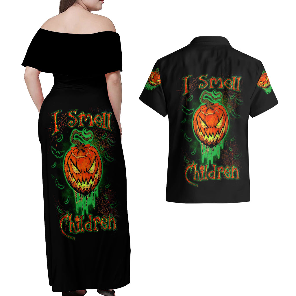 jack-o-lantern-skull-couples-matching-off-shoulder-maxi-dress-and-hawaiian-shirt-i-smell-children