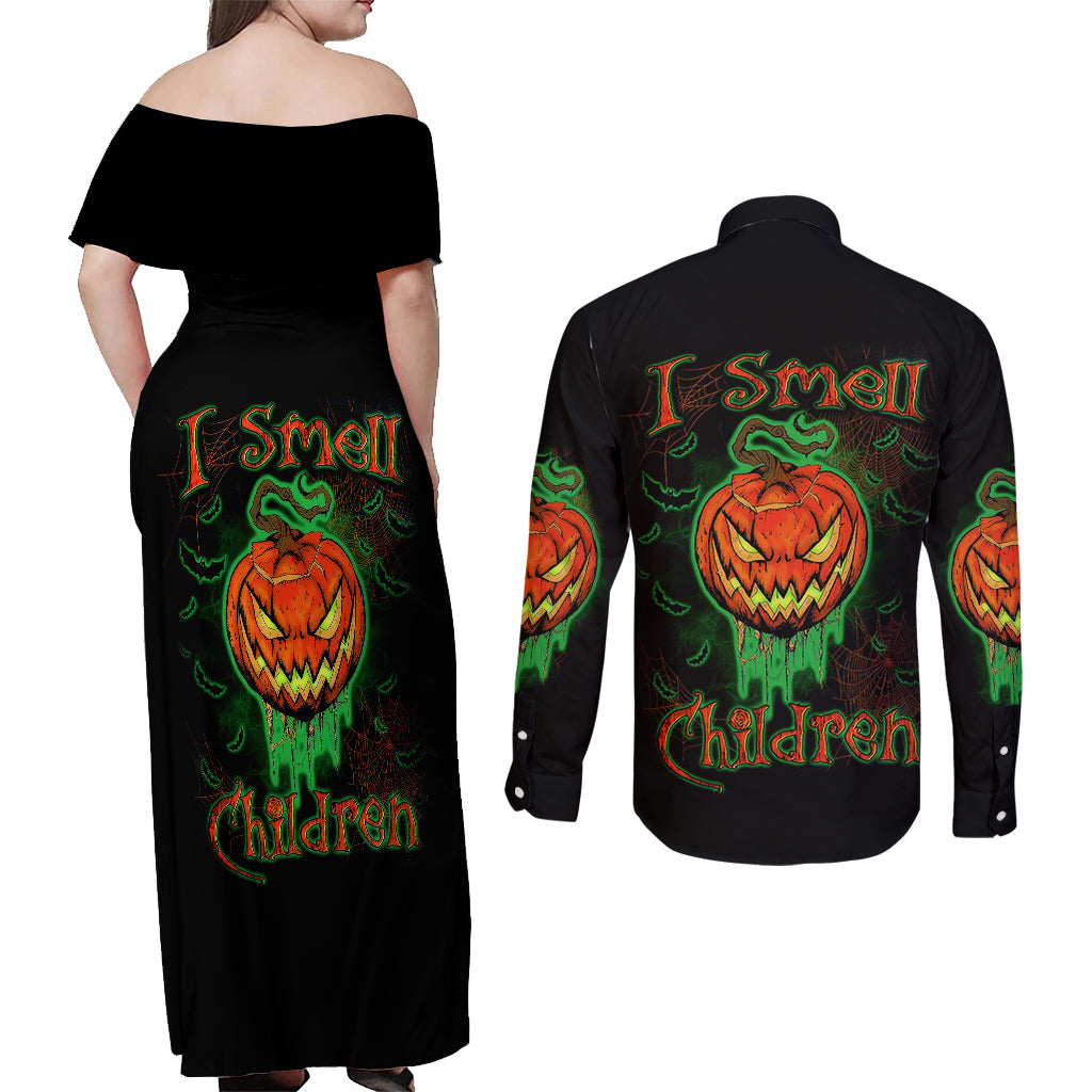 jack-o-lantern-skull-couples-matching-off-shoulder-maxi-dress-and-long-sleeve-button-shirts-i-smell-children