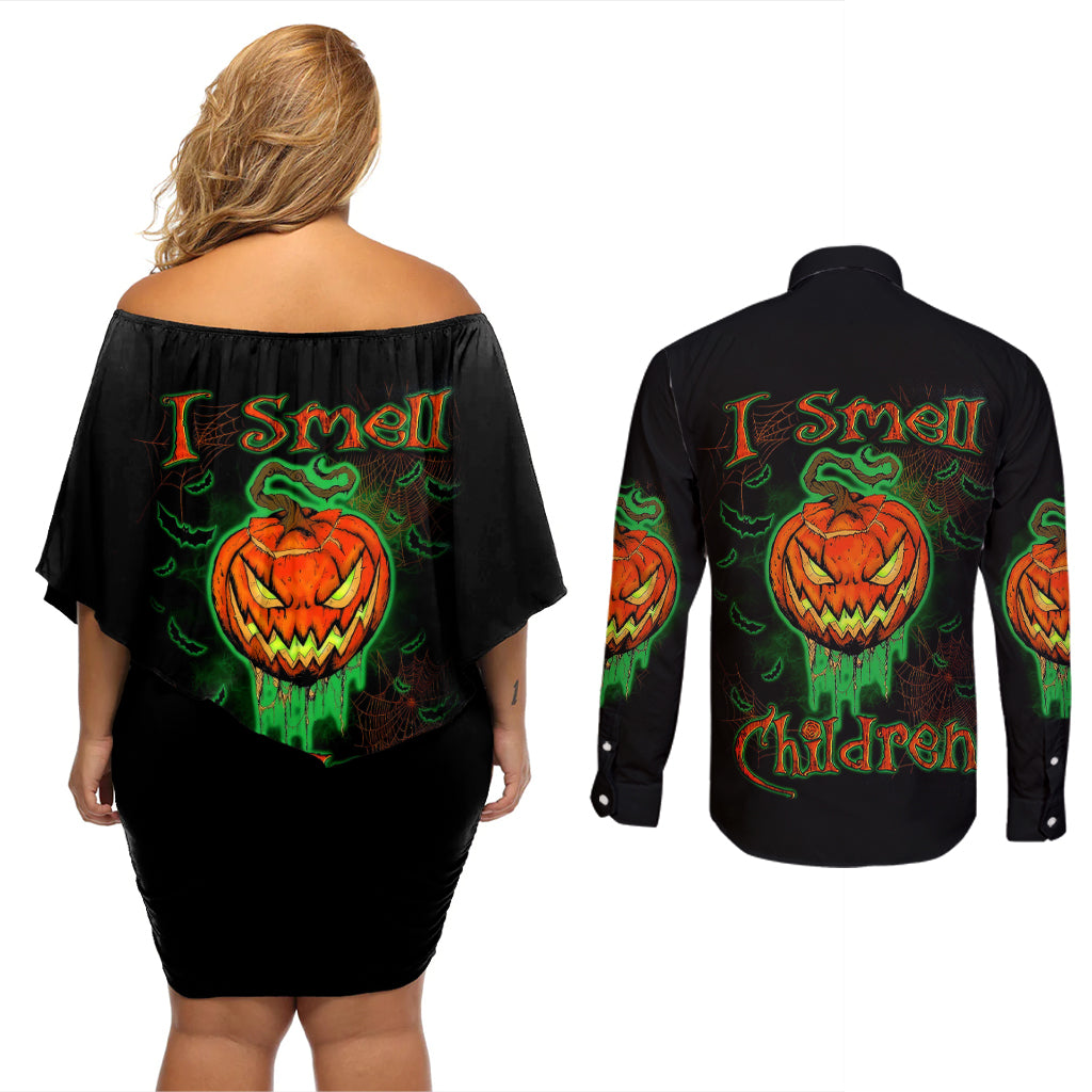 jack-o-lantern-skull-couples-matching-off-shoulder-short-dress-and-long-sleeve-button-shirts-i-smell-children