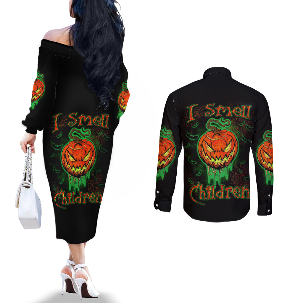 jack-o-lantern-skull-couples-matching-off-the-shoulder-long-sleeve-dress-and-long-sleeve-button-shirts-i-smell-children