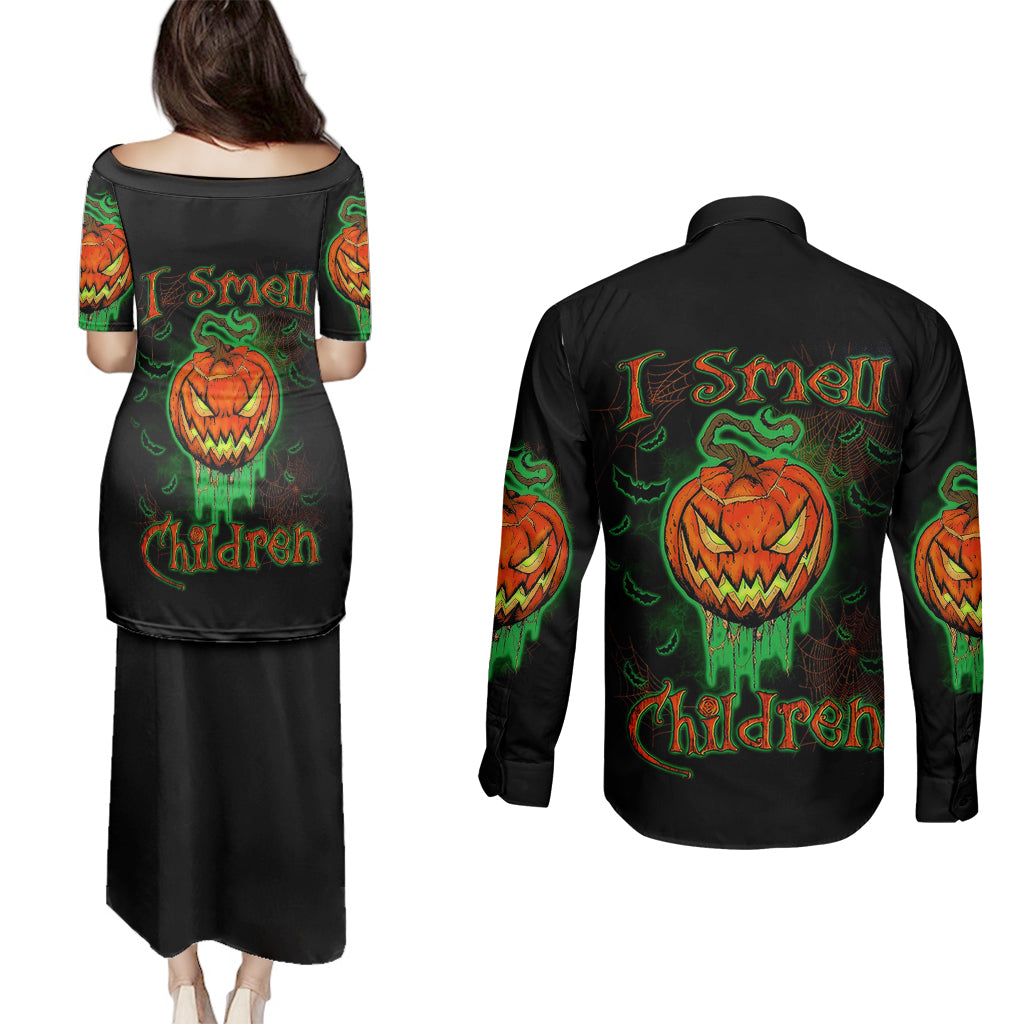 jack-o-lantern-skull-couples-matching-puletasi-dress-and-long-sleeve-button-shirts-i-smell-children