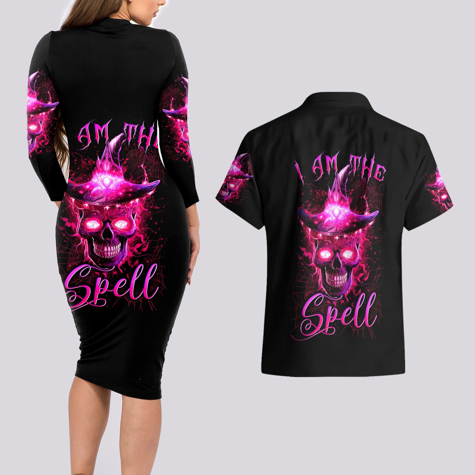 witch-skull-couples-matching-long-sleeve-bodycon-dress-and-hawaiian-shirt-iam-the-spell