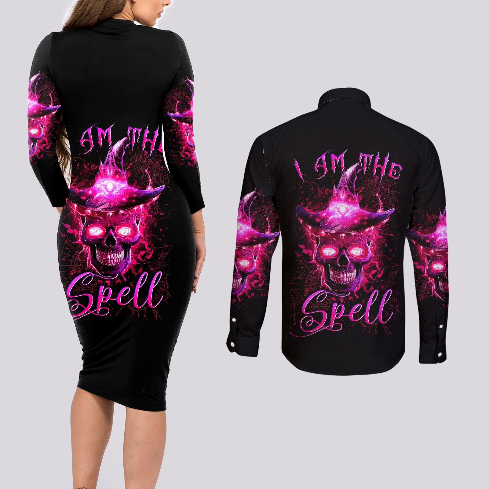 witch-skull-couples-matching-long-sleeve-bodycon-dress-and-long-sleeve-button-shirts-iam-the-spell