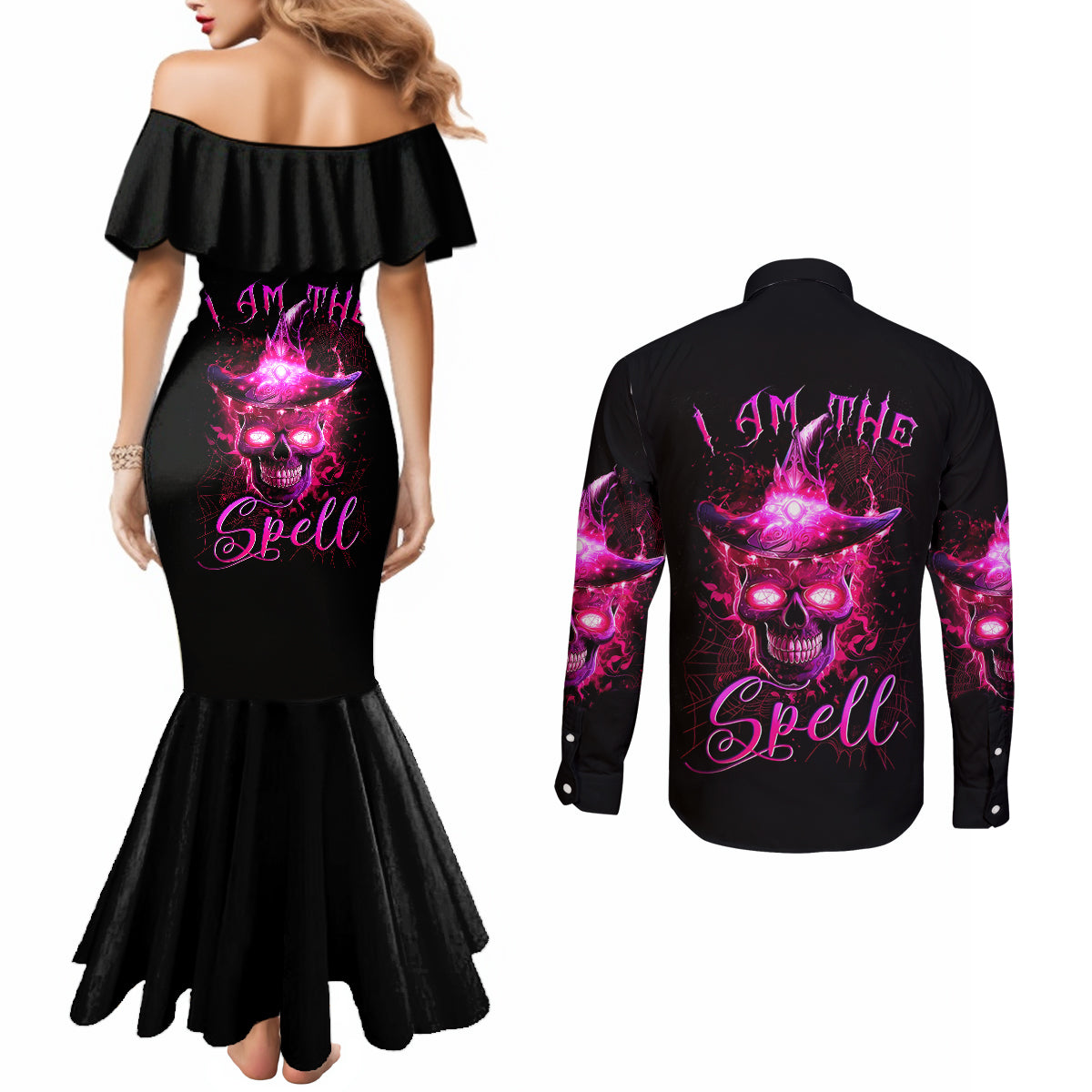 witch-skull-couples-matching-mermaid-dress-and-long-sleeve-button-shirts-iam-the-spell