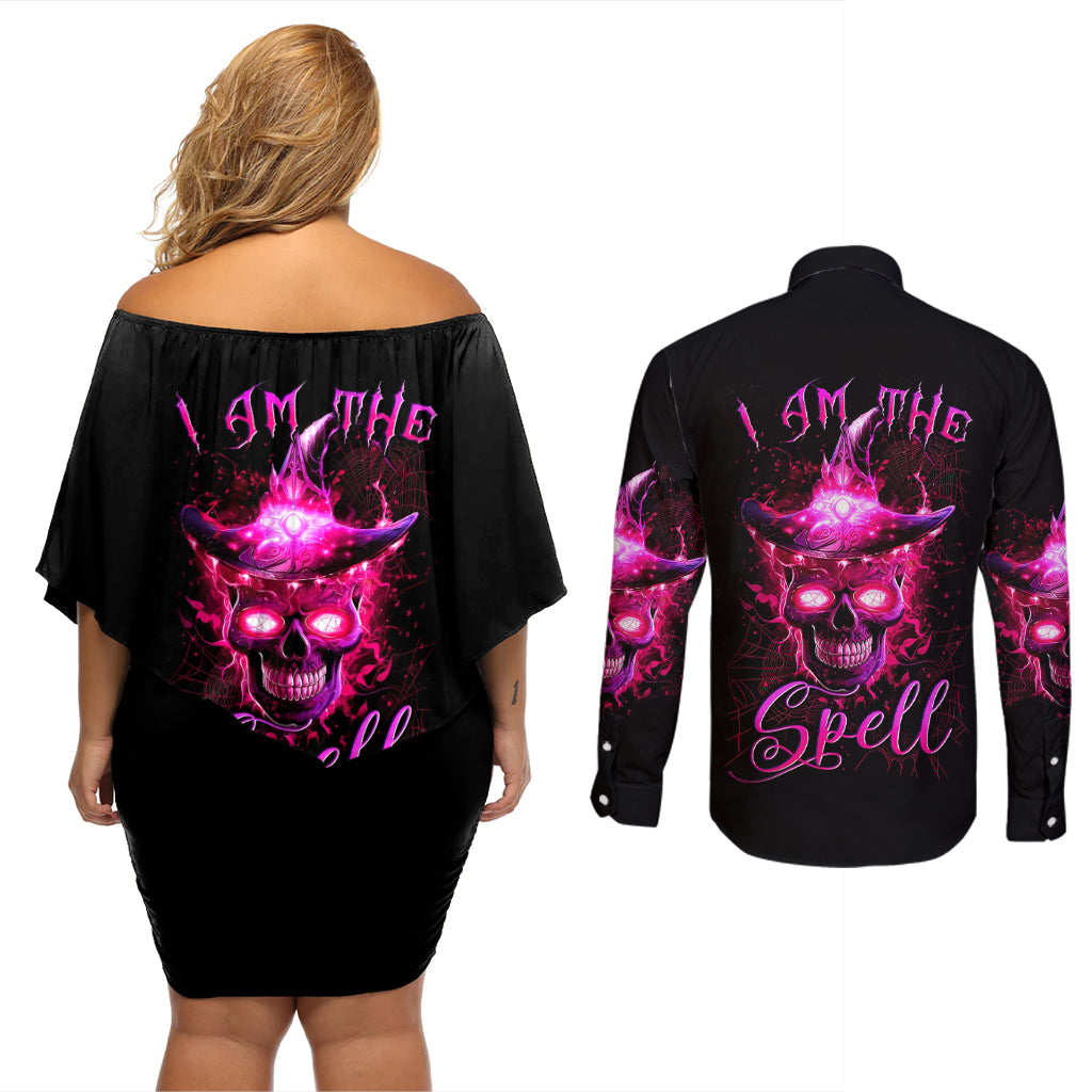 witch-skull-couples-matching-off-shoulder-short-dress-and-long-sleeve-button-shirts-iam-the-spell