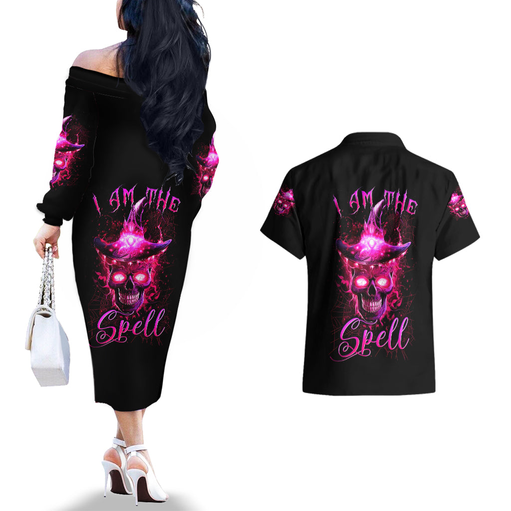 witch-skull-couples-matching-off-the-shoulder-long-sleeve-dress-and-hawaiian-shirt-iam-the-spell