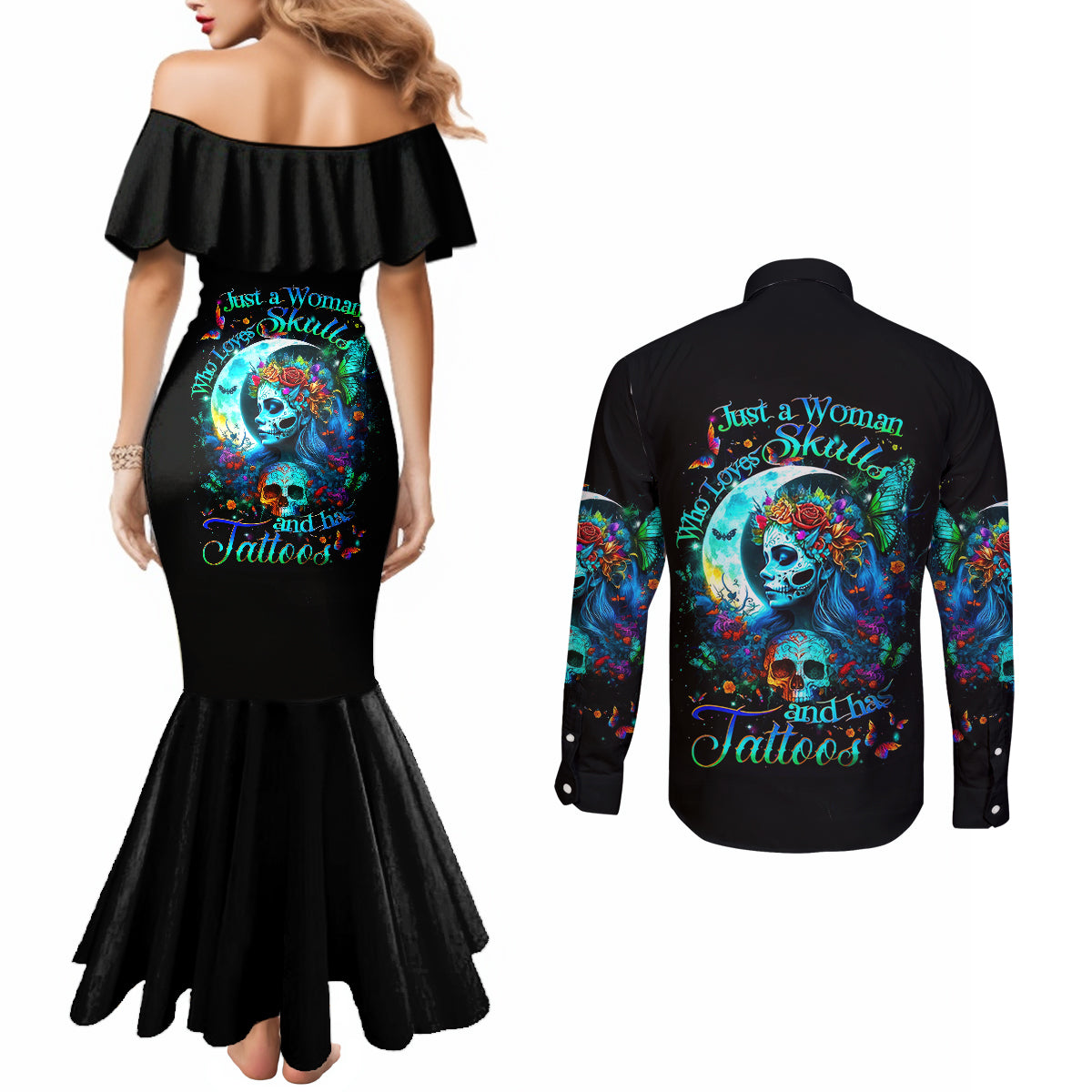 fairy-skull-couples-matching-mermaid-dress-and-long-sleeve-button-shirts-just-the-woman-who-loves-skull-and-tattoo