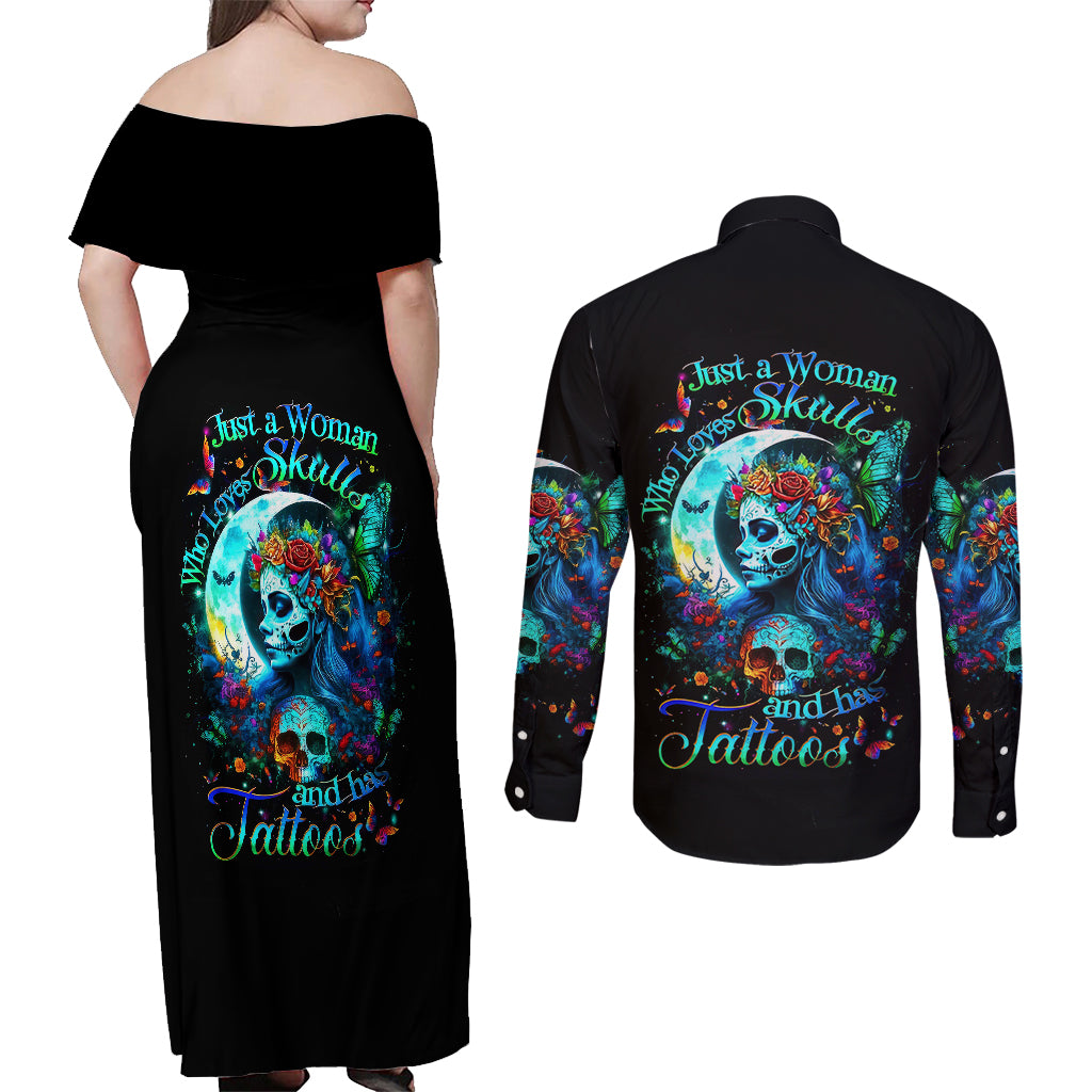 fairy-skull-couples-matching-off-shoulder-maxi-dress-and-long-sleeve-button-shirts-just-the-woman-who-loves-skull-and-tattoo