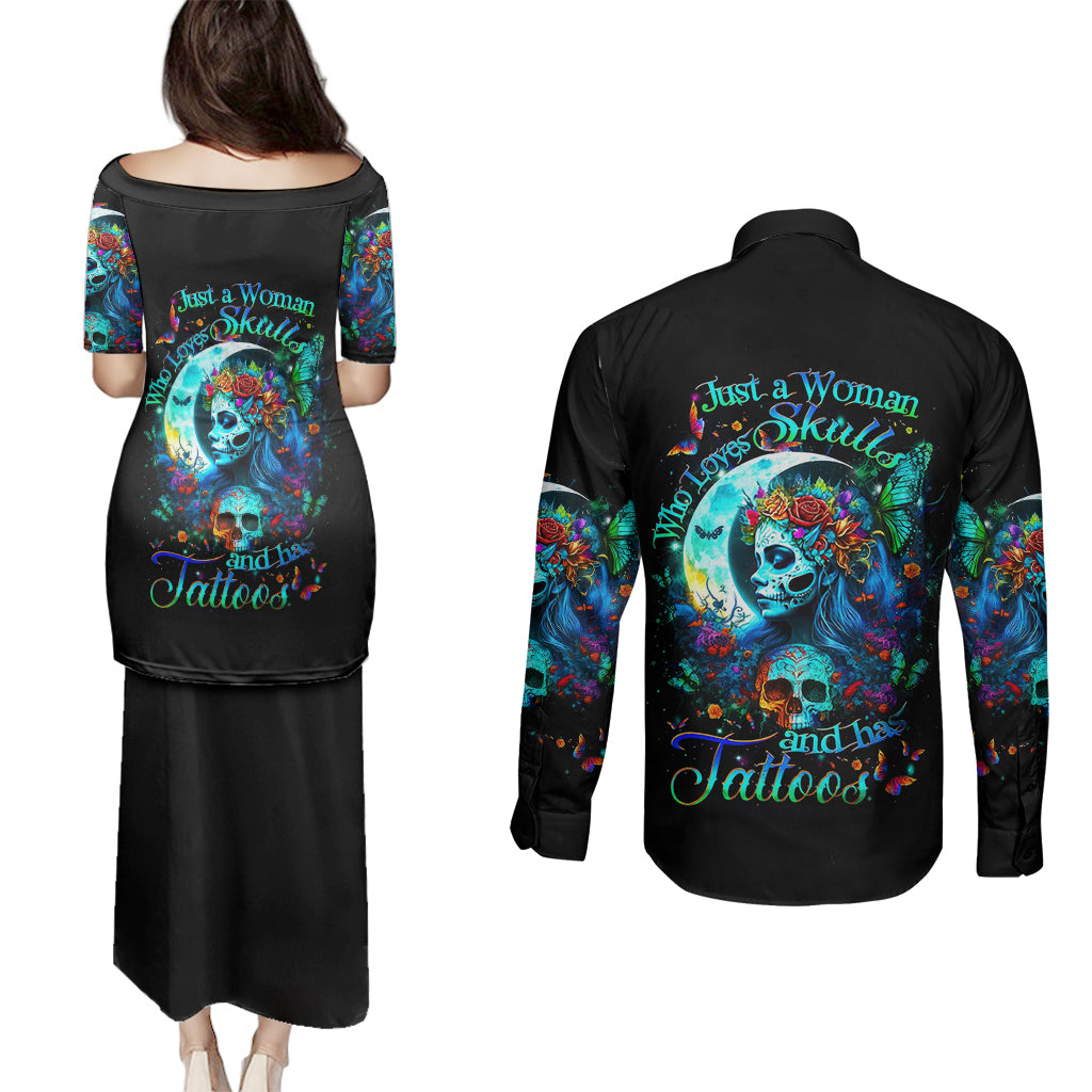 fairy-skull-couples-matching-puletasi-dress-and-long-sleeve-button-shirts-just-the-woman-who-loves-skull-and-tattoo