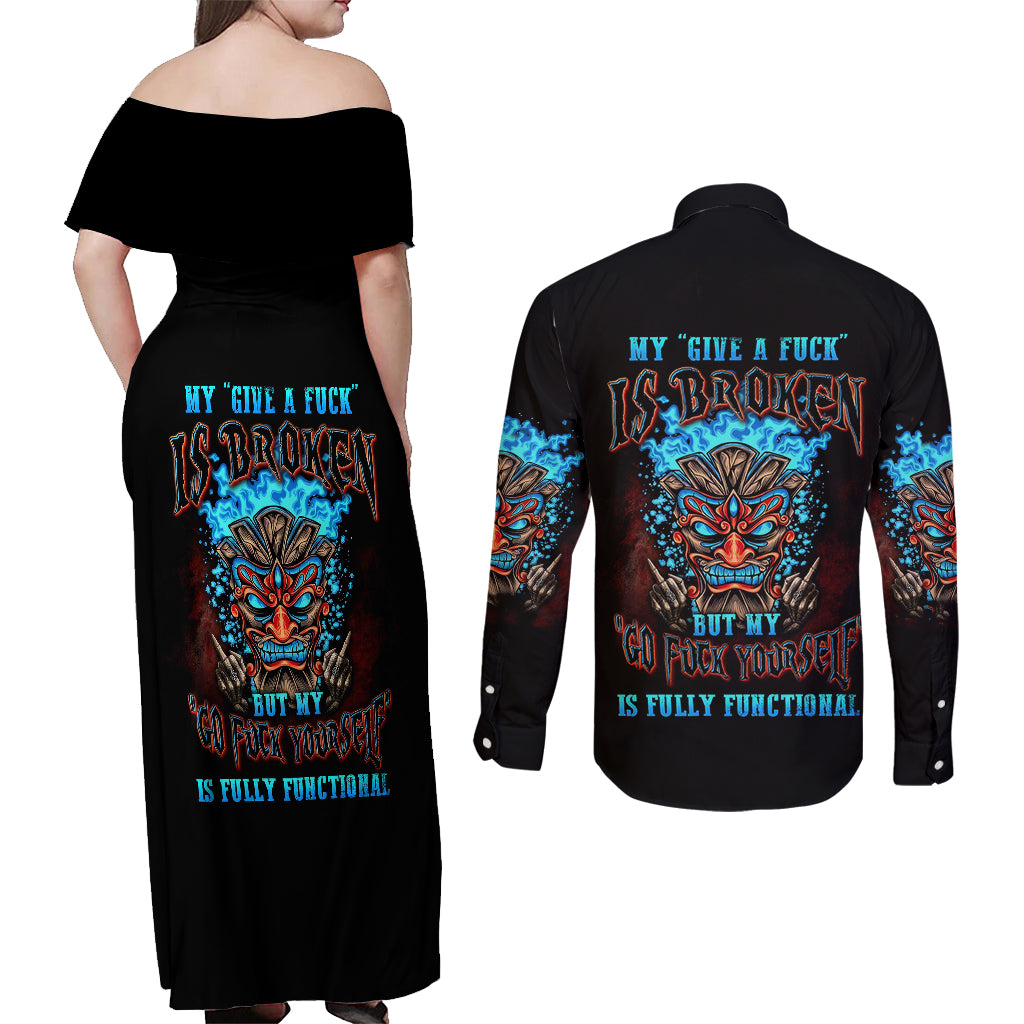 tiki-skull-couples-matching-off-shoulder-maxi-dress-and-long-sleeve-button-shirts-i-give-a-fuck-is-broken-but-my-go-fuck-yourself