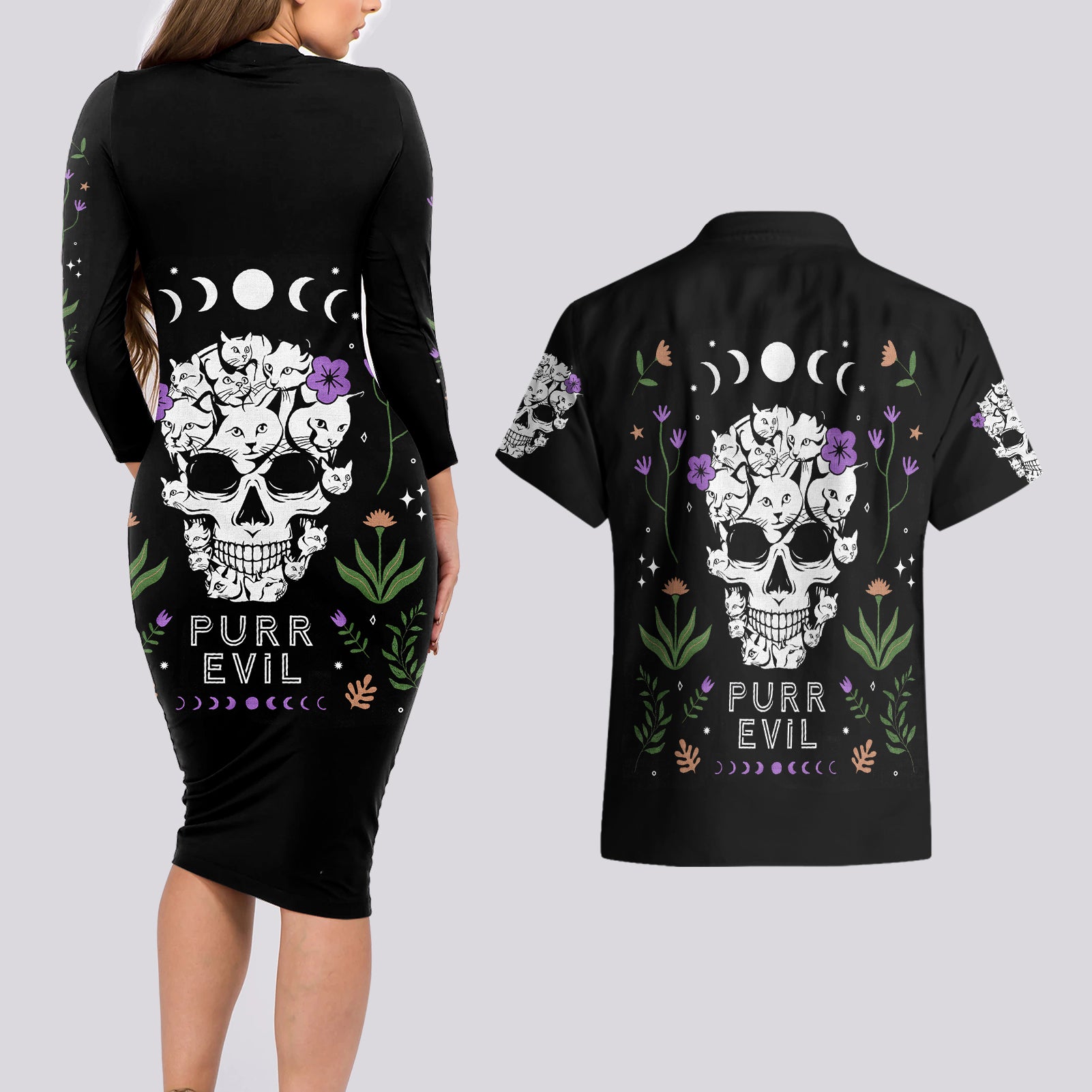 cat-skull-couples-matching-long-sleeve-bodycon-dress-and-hawaiian-shirt-purr-evill