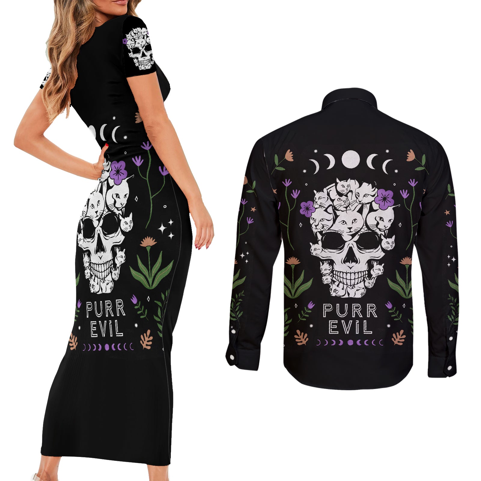 cat-skull-couples-matching-short-sleeve-bodycon-dress-and-long-sleeve-button-shirts-purr-evill