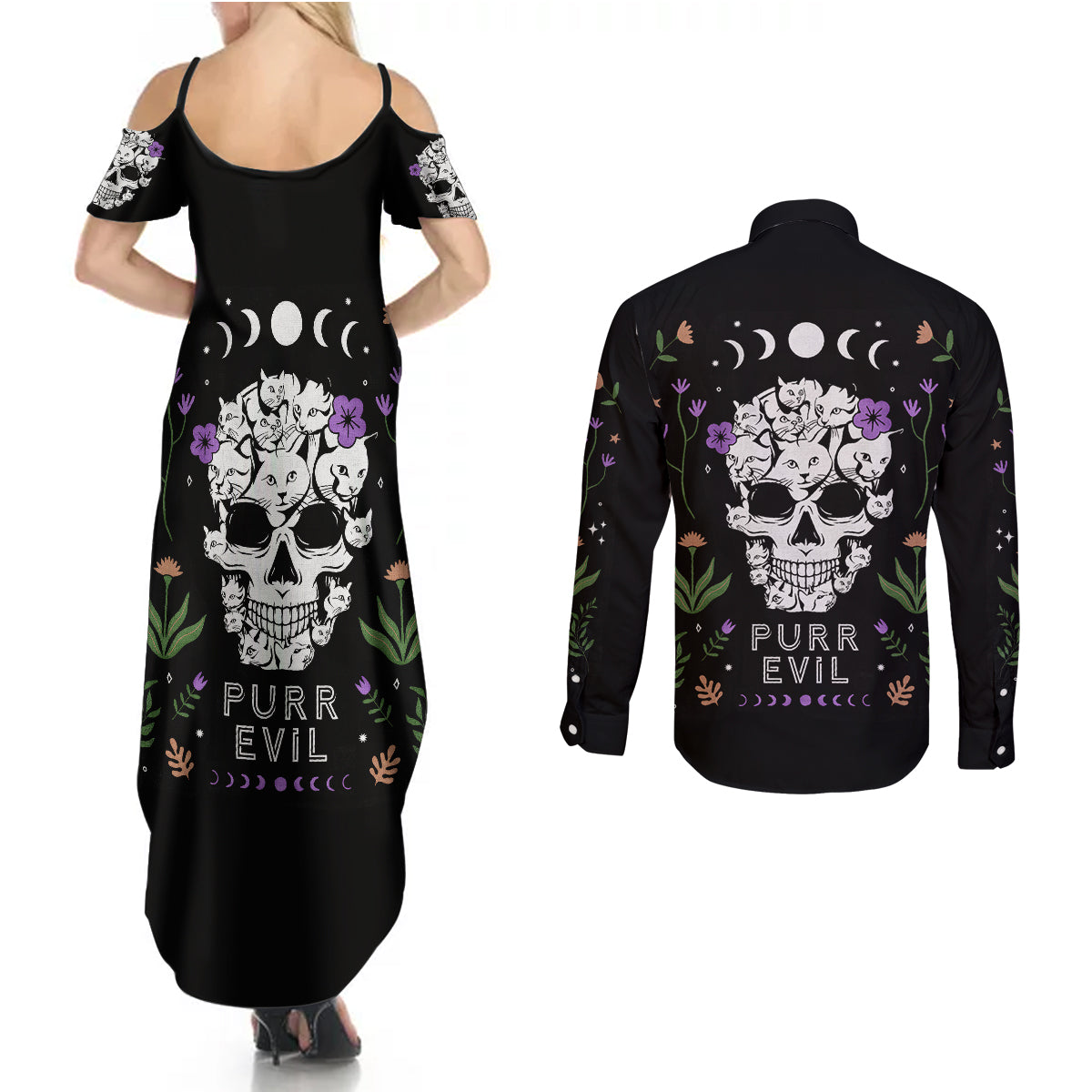 cat-skull-couples-matching-summer-maxi-dress-and-long-sleeve-button-shirts-purr-evill