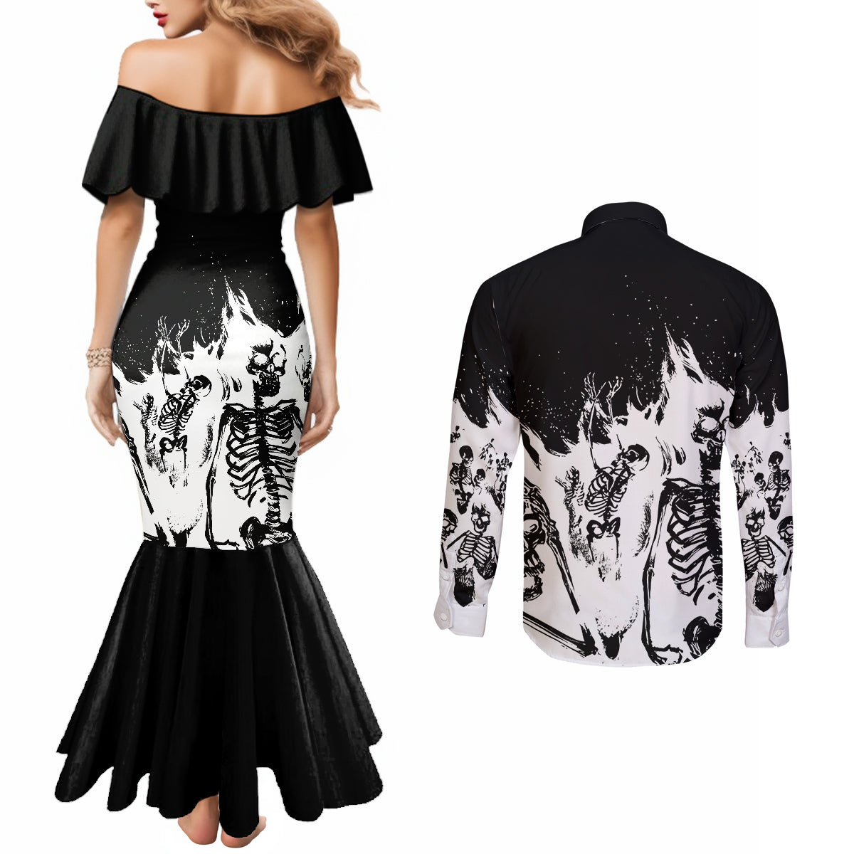 fire-skull-couples-matching-mermaid-dress-and-long-sleeve-button-shirts-scream-in-fire