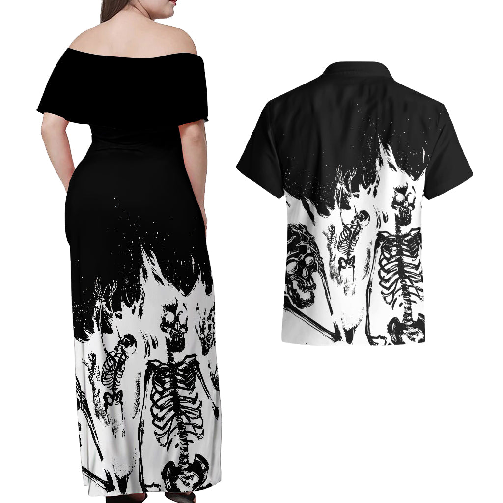 fire-skull-couples-matching-off-shoulder-maxi-dress-and-hawaiian-shirt-scream-in-fire