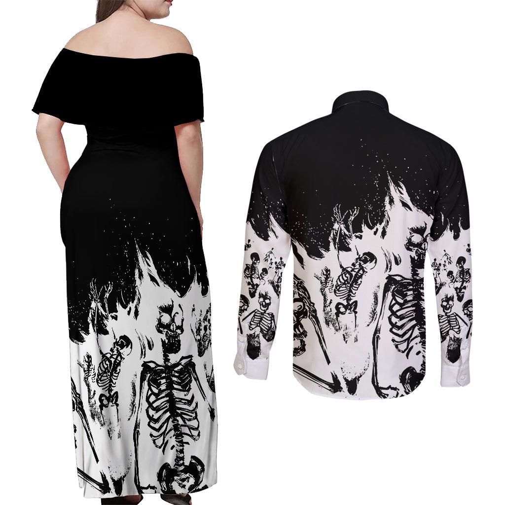 fire-skull-couples-matching-off-shoulder-maxi-dress-and-long-sleeve-button-shirts-scream-in-fire