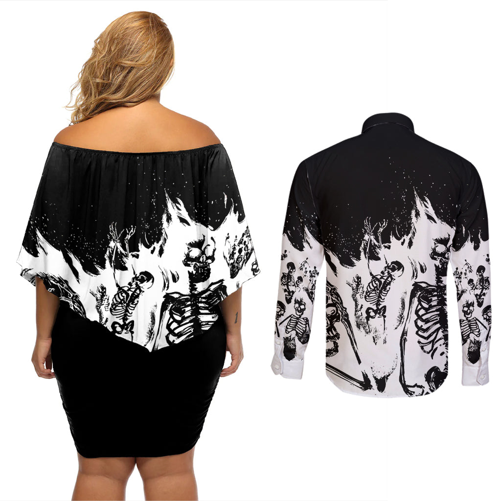 fire-skull-couples-matching-off-shoulder-short-dress-and-long-sleeve-button-shirts-scream-in-fire