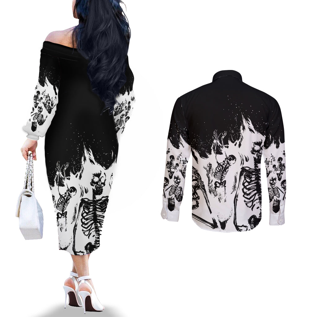 fire-skull-couples-matching-off-the-shoulder-long-sleeve-dress-and-long-sleeve-button-shirts-scream-in-fire