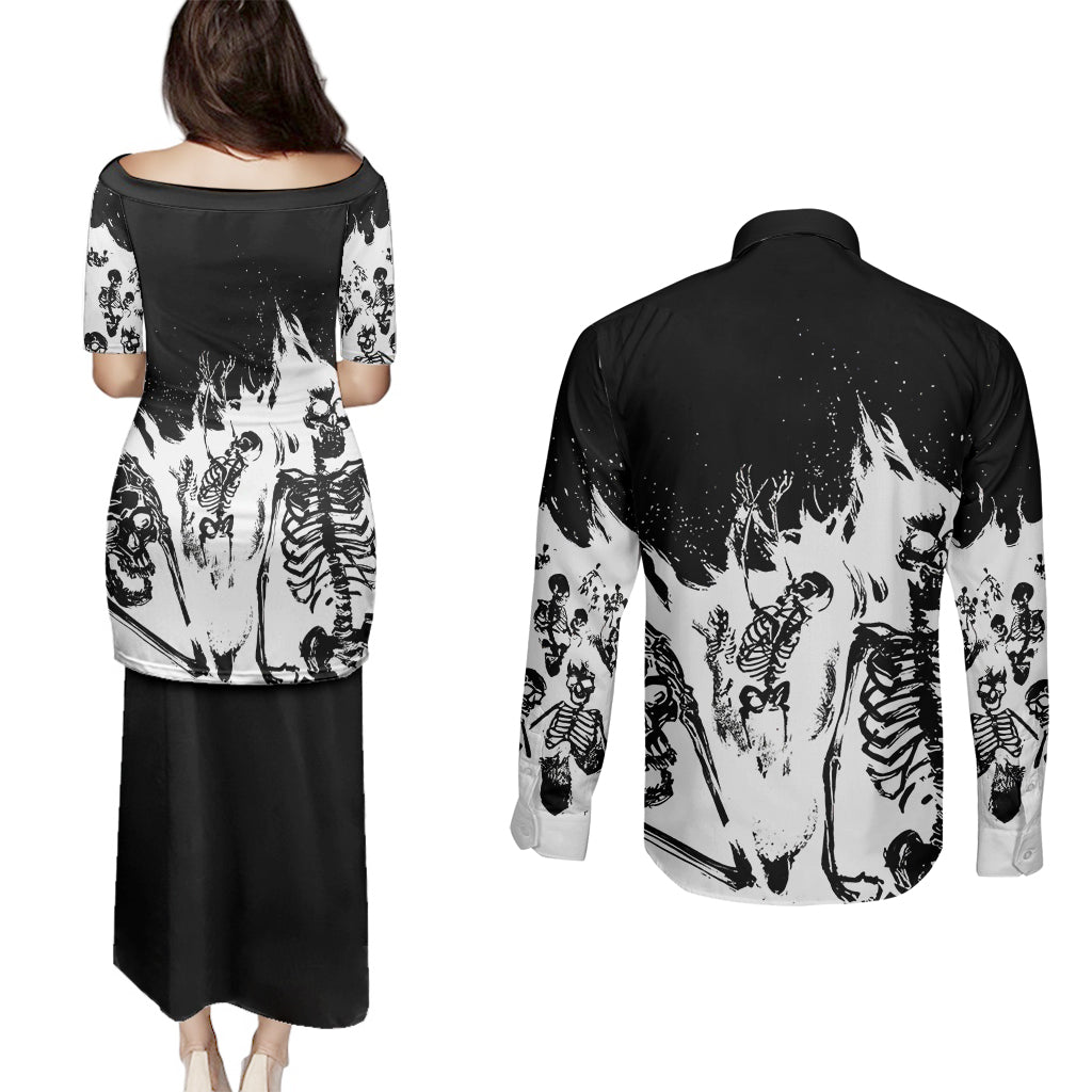 fire-skull-couples-matching-puletasi-dress-and-long-sleeve-button-shirts-scream-in-fire