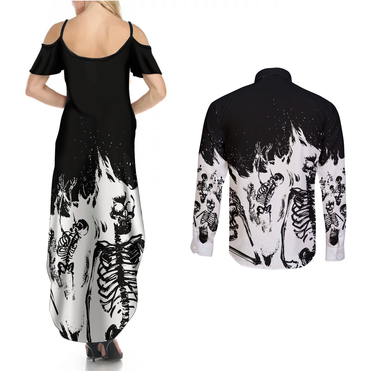 fire-skull-couples-matching-summer-maxi-dress-and-long-sleeve-button-shirts-scream-in-fire