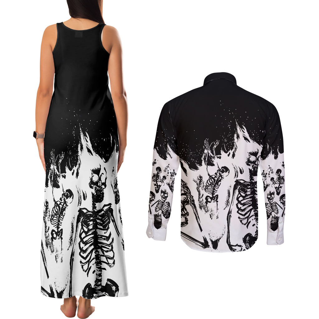 fire-skull-couples-matching-tank-maxi-dress-and-long-sleeve-button-shirts-scream-in-fire