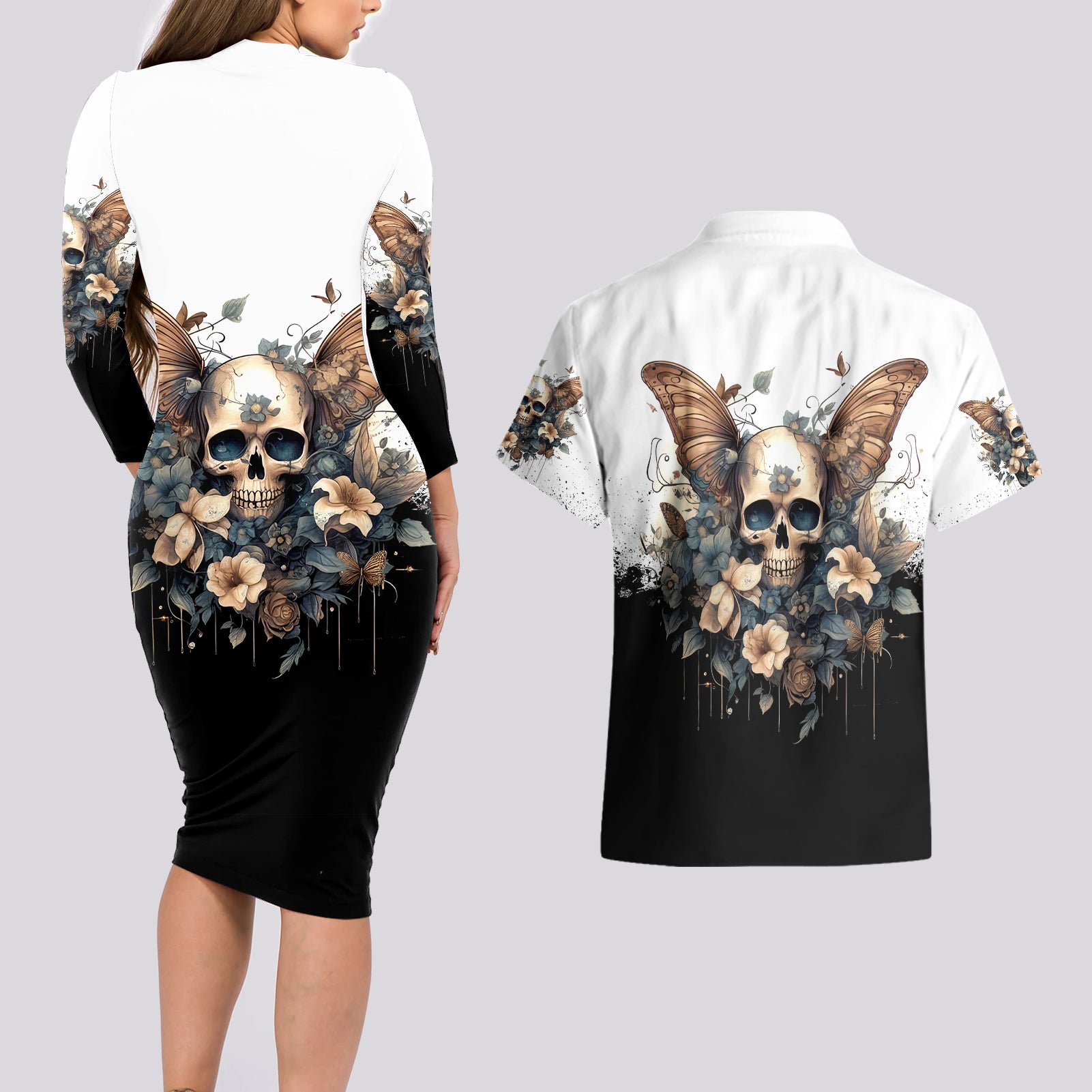 butterfly-skull-couples-matching-long-sleeve-bodycon-dress-and-hawaiian-shirt-flower-butterfly-gothic-skull