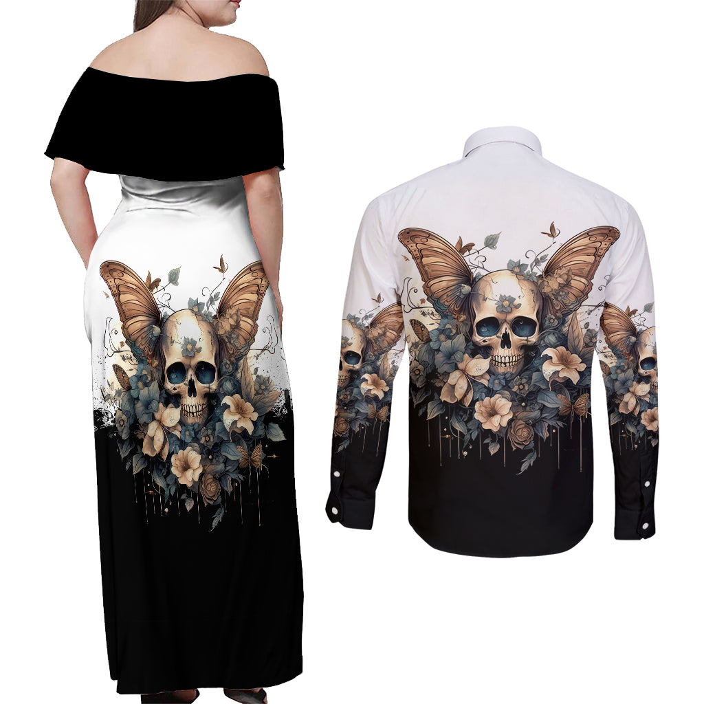 butterfly-skull-couples-matching-off-shoulder-maxi-dress-and-long-sleeve-button-shirts-flower-butterfly-gothic-skull