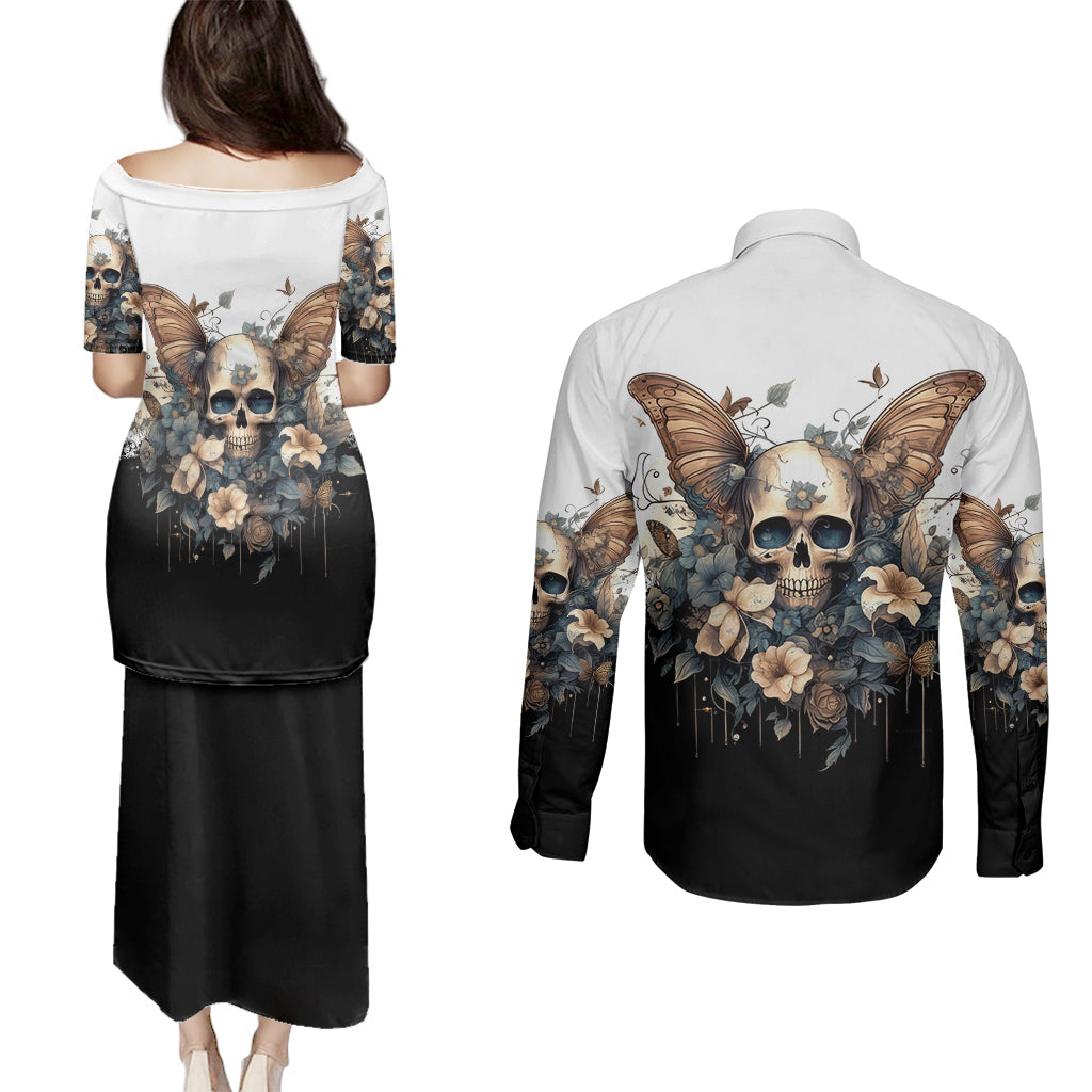 butterfly-skull-couples-matching-puletasi-dress-and-long-sleeve-button-shirts-flower-butterfly-gothic-skull