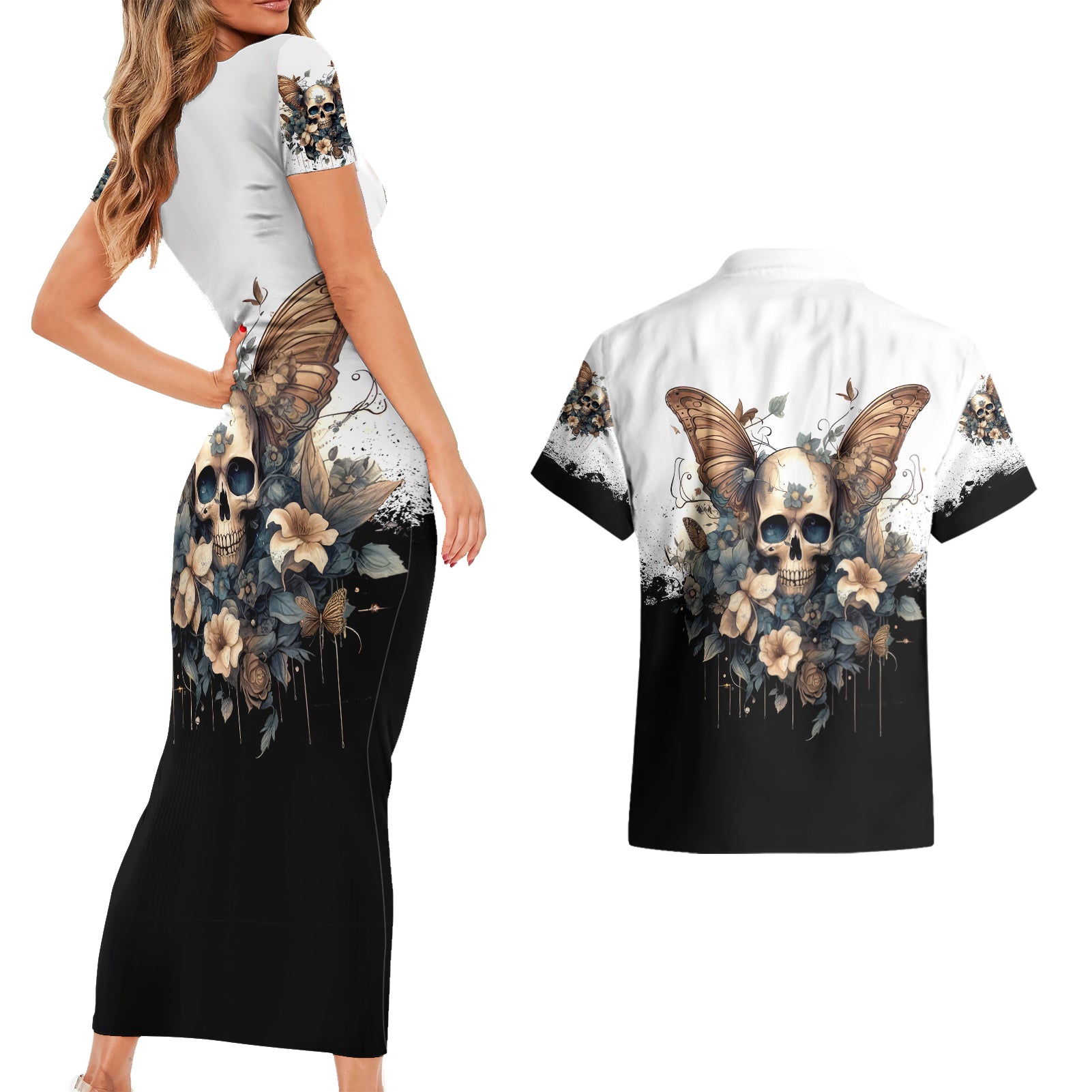 butterfly-skull-couples-matching-short-sleeve-bodycon-dress-and-hawaiian-shirt-flower-butterfly-gothic-skull