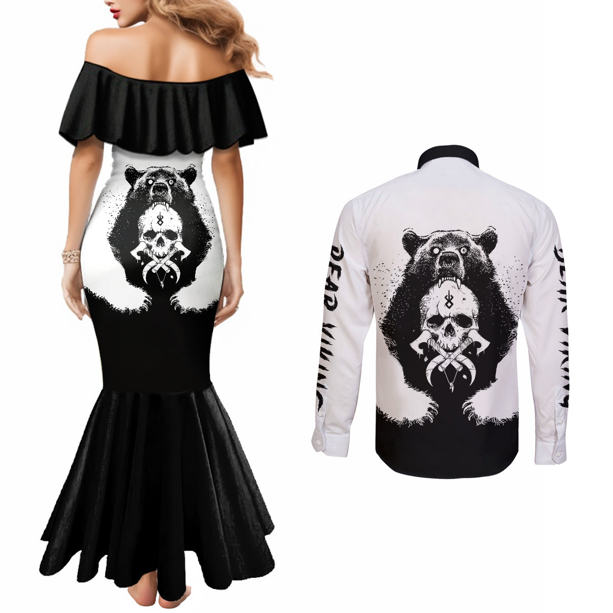 viking-skull-couples-matching-mermaid-dress-and-long-sleeve-button-shirts-bear-viking-cross-skull