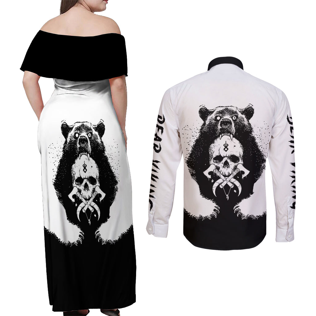 viking-skull-couples-matching-off-shoulder-maxi-dress-and-long-sleeve-button-shirts-bear-viking-cross-skull