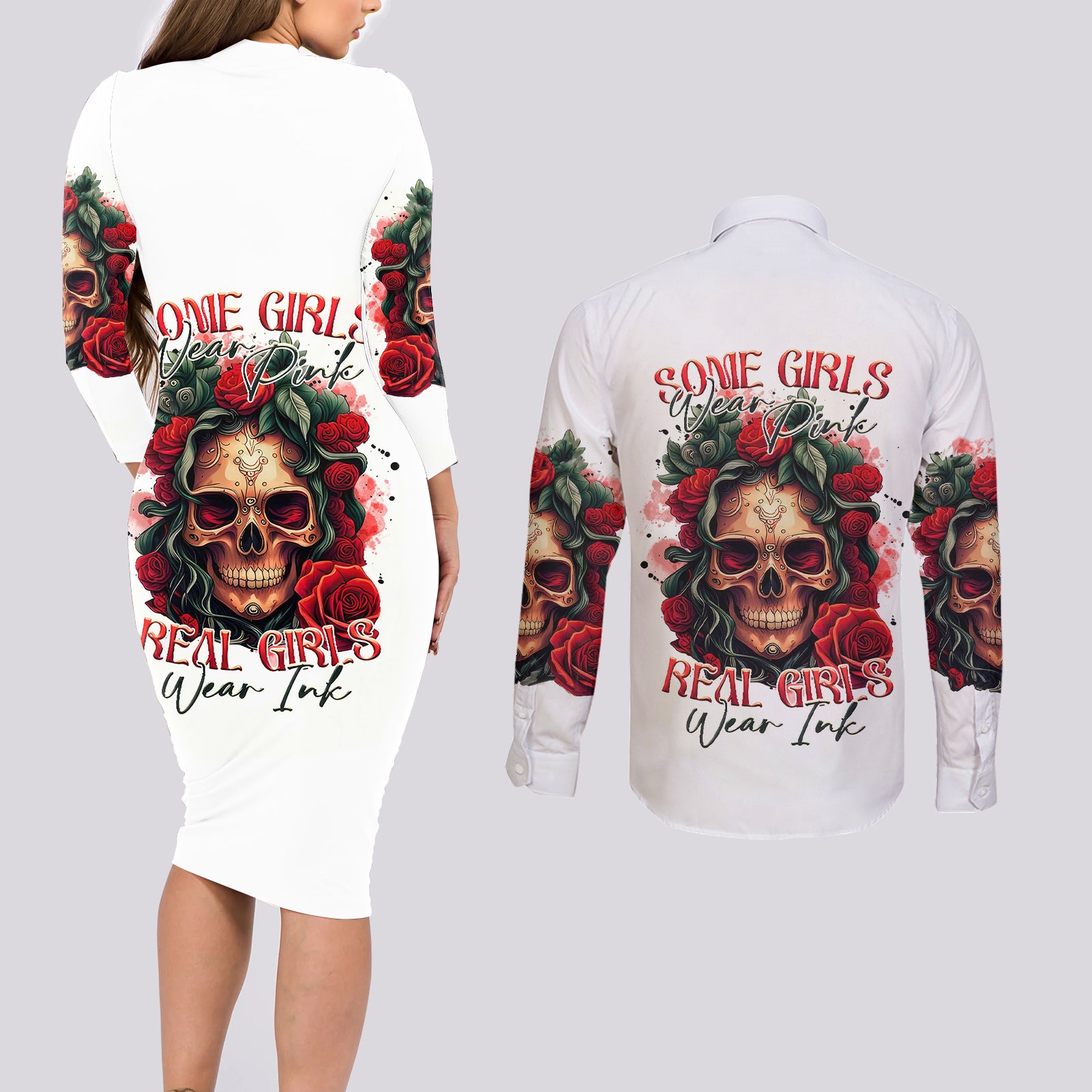 rose-skull-couples-matching-long-sleeve-bodycon-dress-and-long-sleeve-button-shirts-some-girl-wear-pink-real-girl-wear-ink