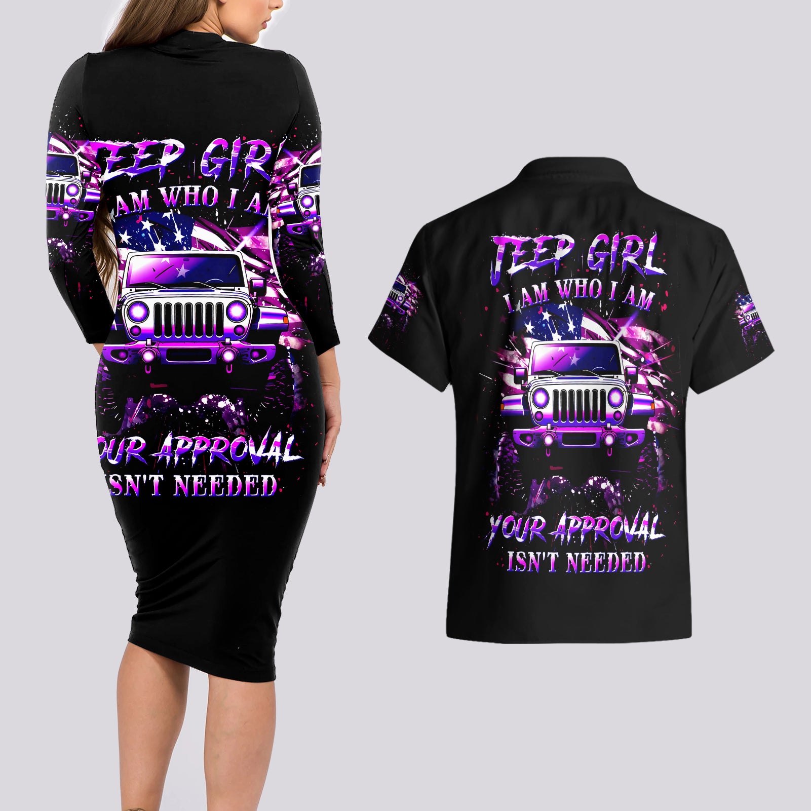 purple-jeep-couples-matching-long-sleeve-bodycon-dress-and-hawaiian-shirt-jeep-girl-iam-who-iam-your-approval-isnt-needed