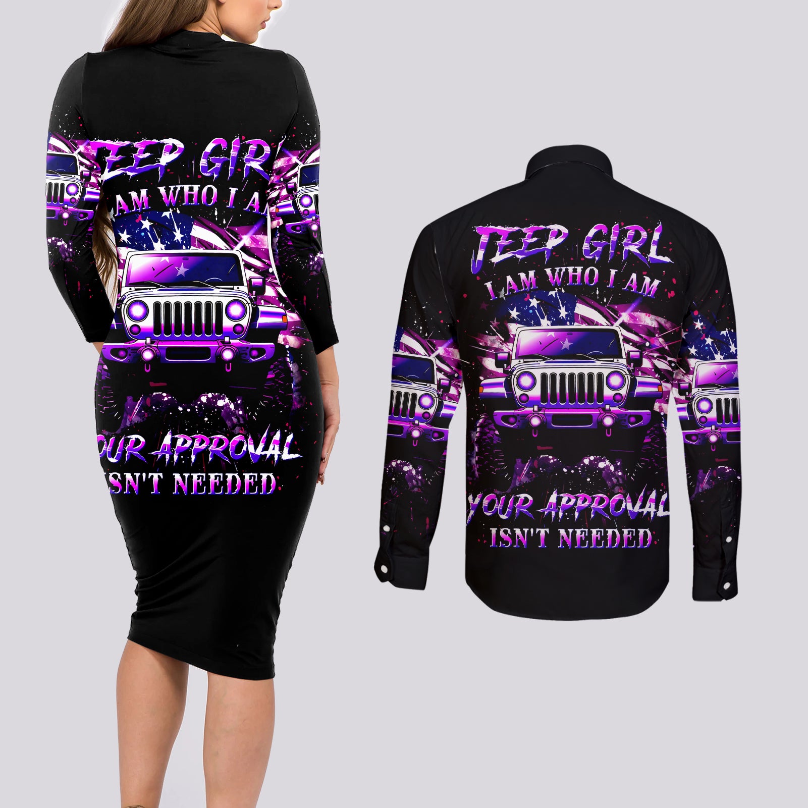 purple-jeep-couples-matching-long-sleeve-bodycon-dress-and-long-sleeve-button-shirt-jeep-girl-iam-who-iam-your-approval-isnt-needed