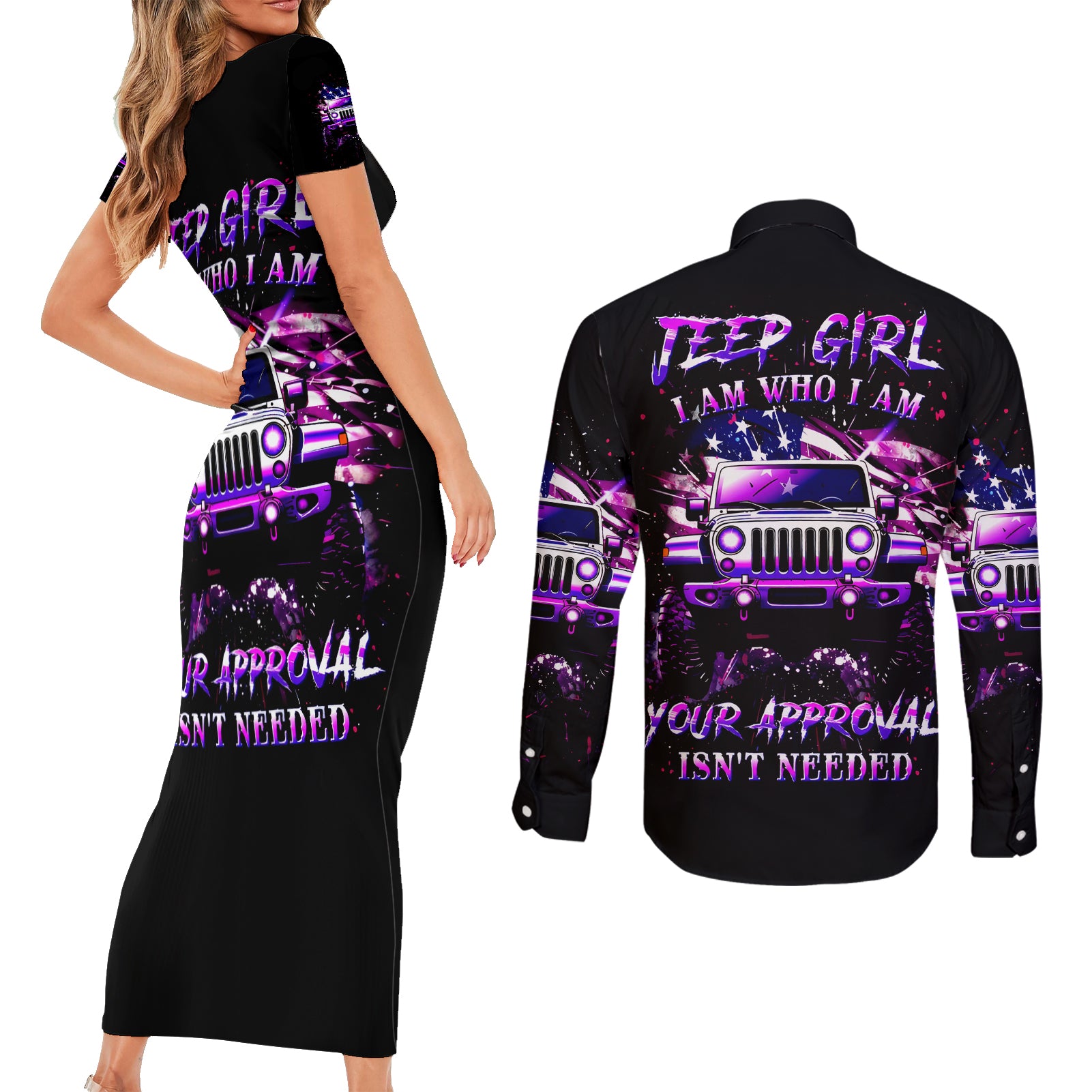 purple-jeep-couples-matching-short-sleeve-bodycon-dress-and-long-sleeve-button-shirt-jeep-girl-iam-who-iam-your-approval-isnt-needed