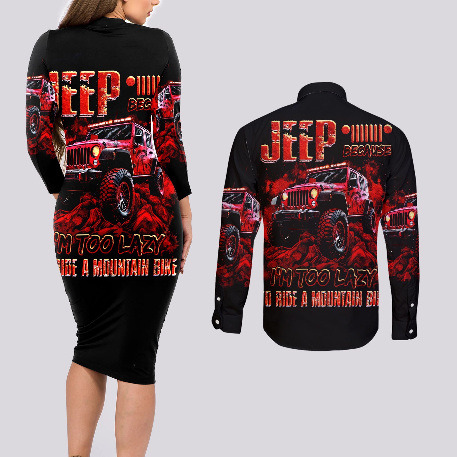 red-jeep-couples-matching-long-sleeve-bodycon-dress-and-long-sleeve-button-shirt-jeep-because-im-too-lazy-to-ride-a-mountain-bike