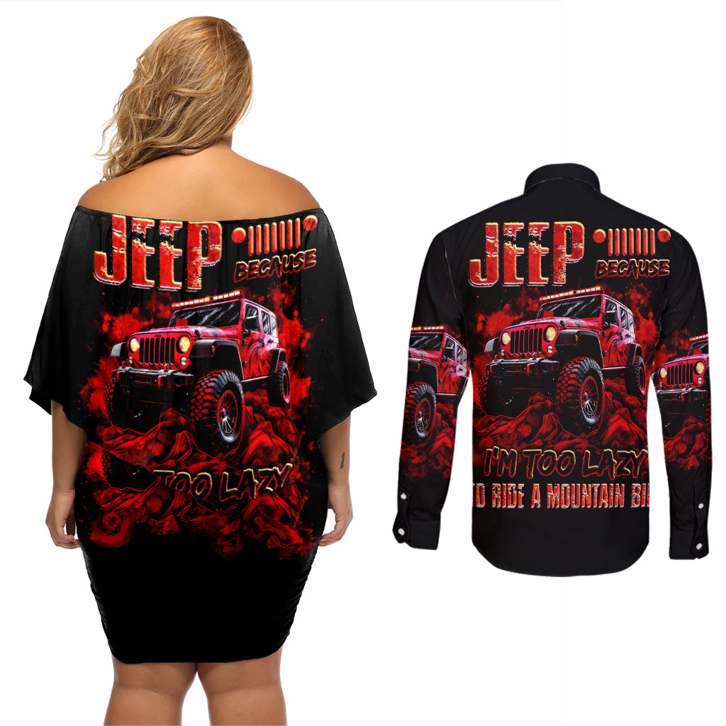 red-jeep-couples-matching-off-shoulder-short-dress-and-long-sleeve-button-shirt-jeep-because-im-too-lazy-to-ride-a-mountain-bike