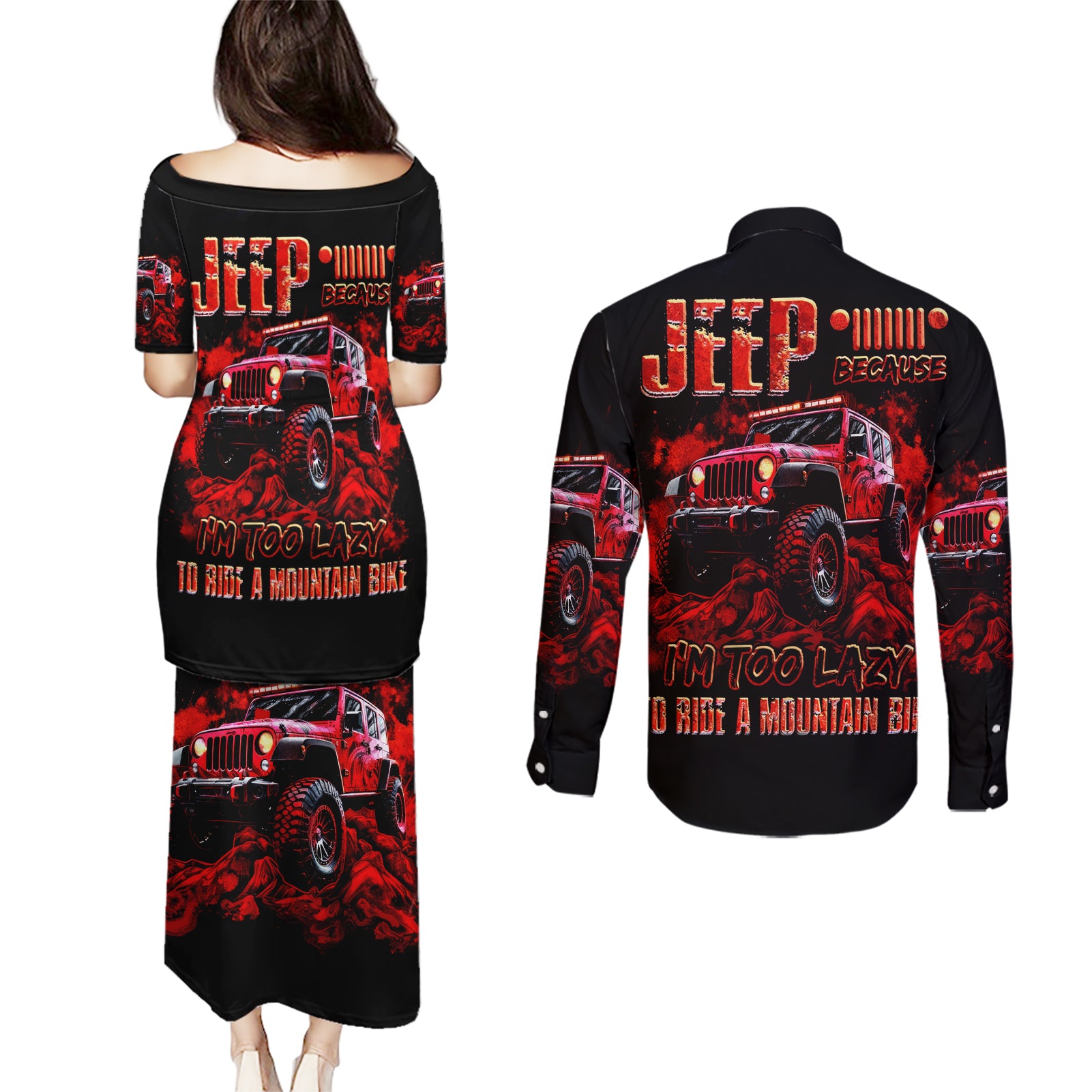 red-jeep-couples-matching-puletasi-and-long-sleeve-button-shirt-jeep-because-im-too-lazy-to-ride-a-mountain-bike