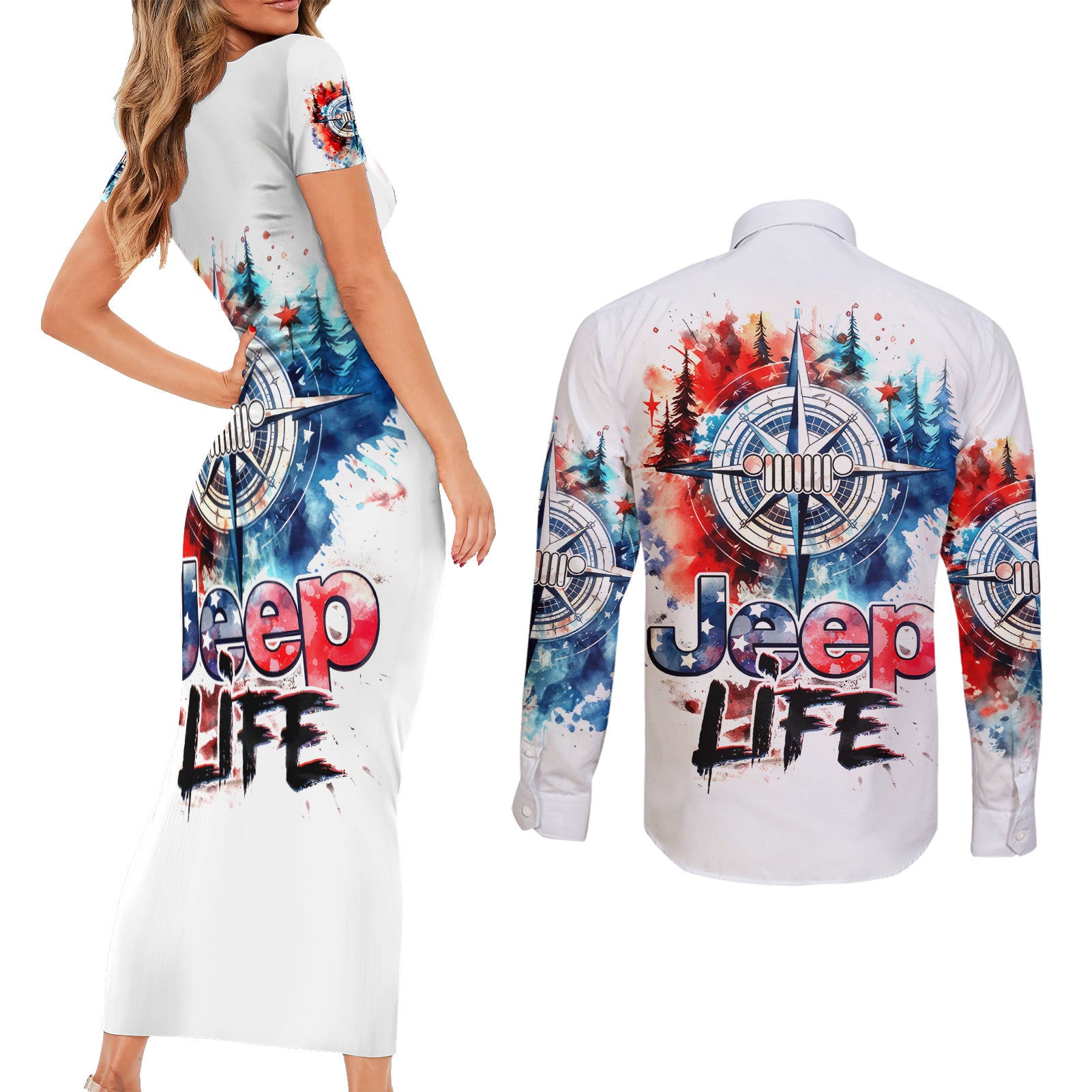 compass-jeep-couples-matching-short-sleeve-bodycon-dress-and-long-sleeve-button-shirt-jeep-life-american-flag