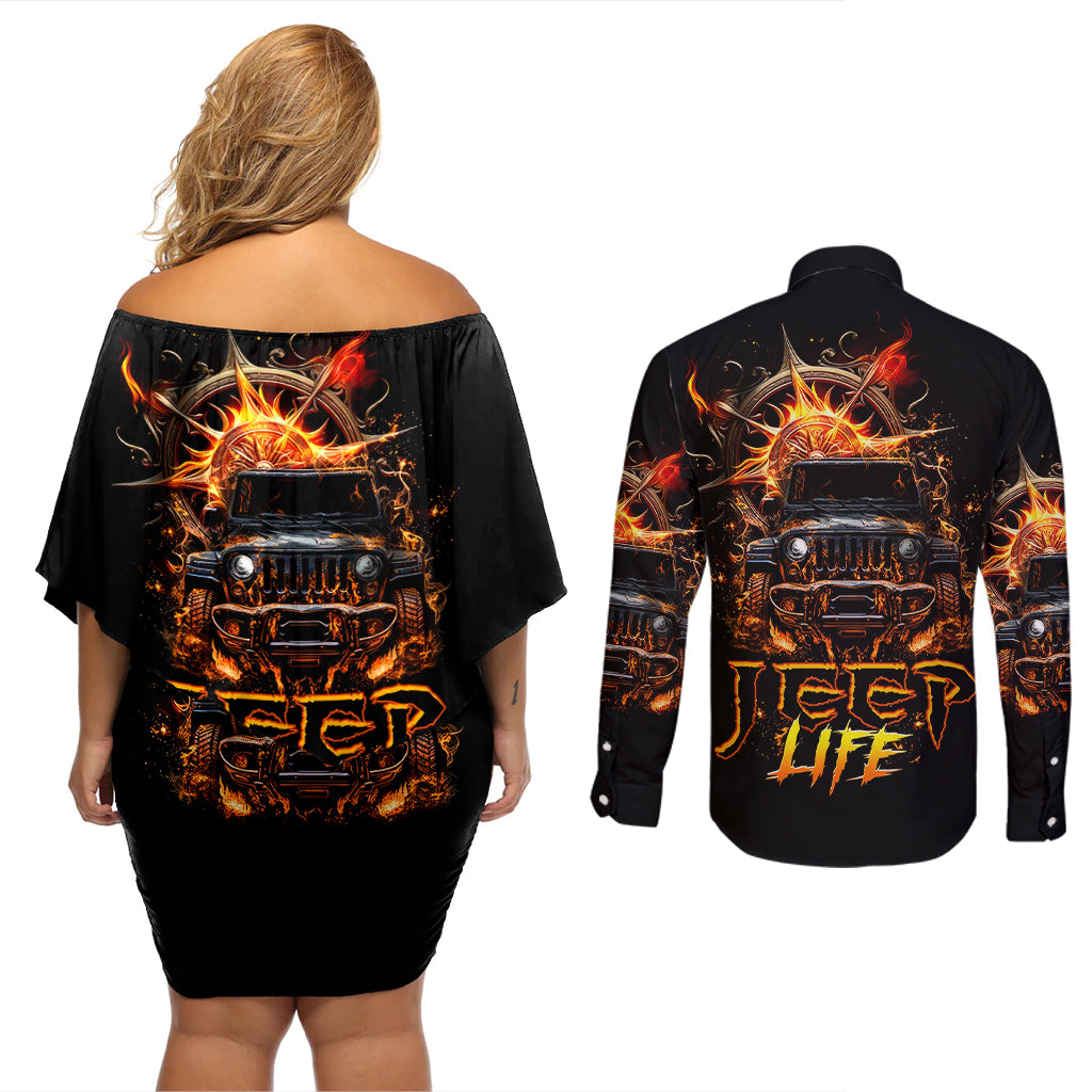 flame-compass-jeep-couples-matching-off-shoulder-short-dress-and-long-sleeve-button-shirt-fire-jeep-life