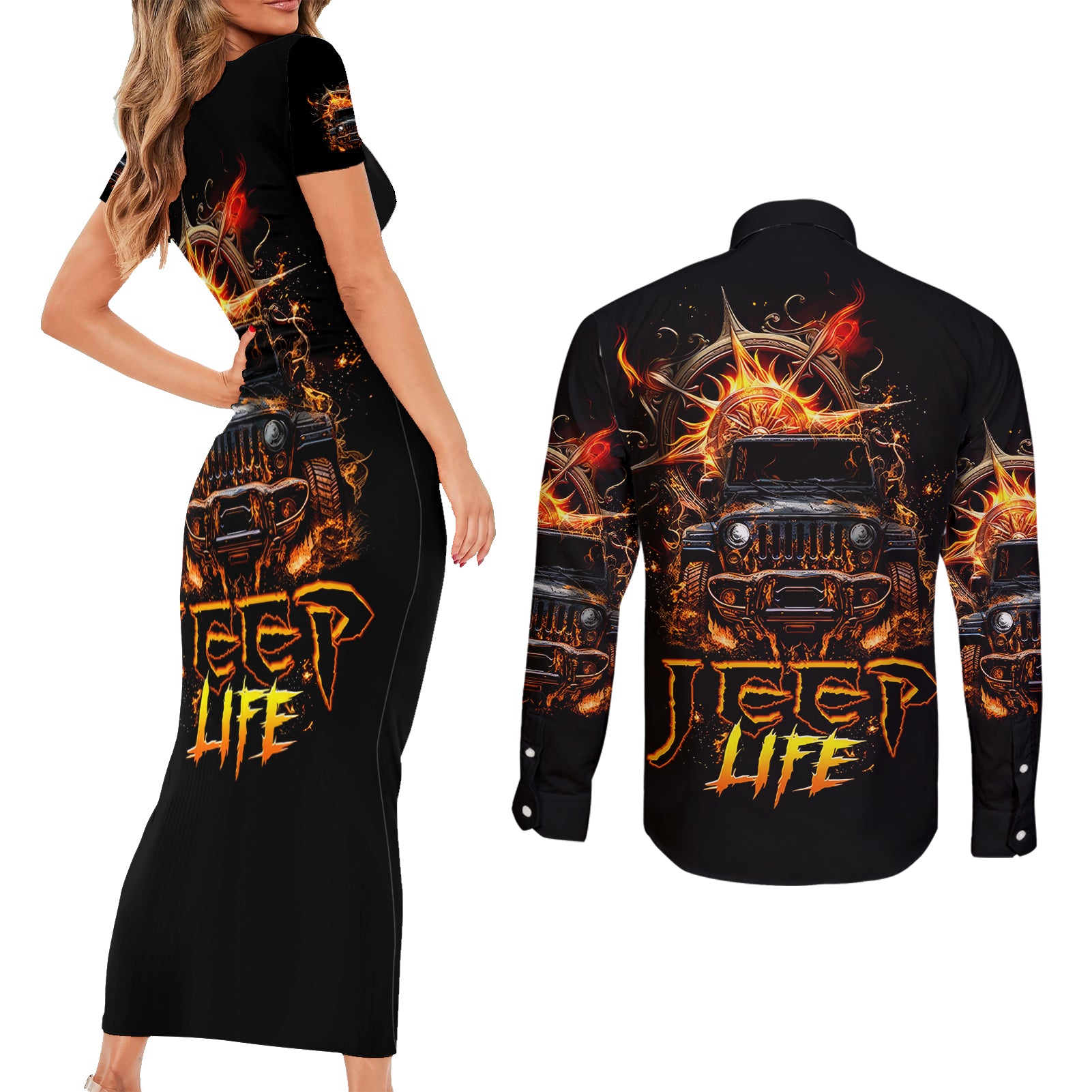 flame-compass-jeep-couples-matching-short-sleeve-bodycon-dress-and-long-sleeve-button-shirt-fire-jeep-life