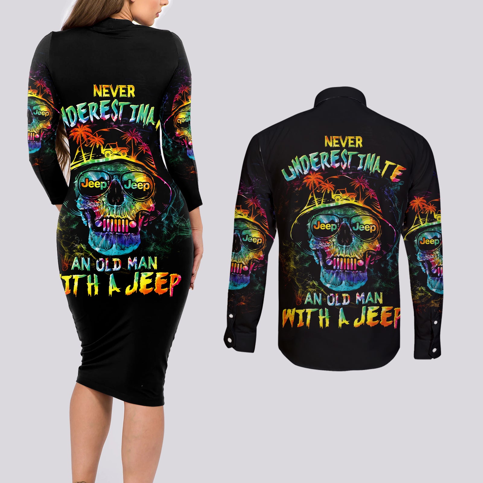 skull-jeep-couples-matching-long-sleeve-bodycon-dress-and-long-sleeve-button-shirt-never-underestimate-an-old-man-with-a-jeep