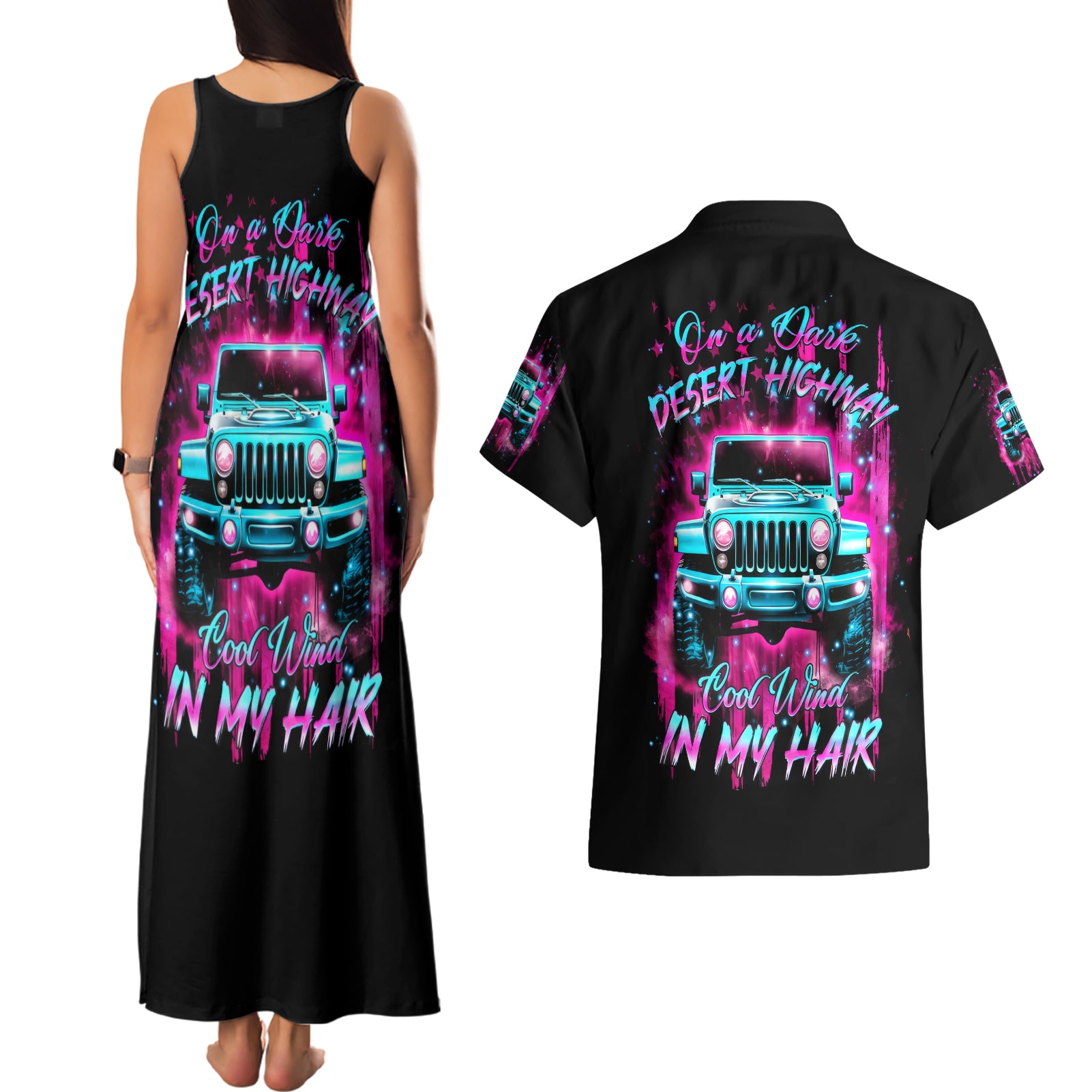 pink-jeep-couples-matching-tank-maxi-dress-and-hawaiian-shirt-on-the-dark-desert-highway-cool-wind-in-my-hair